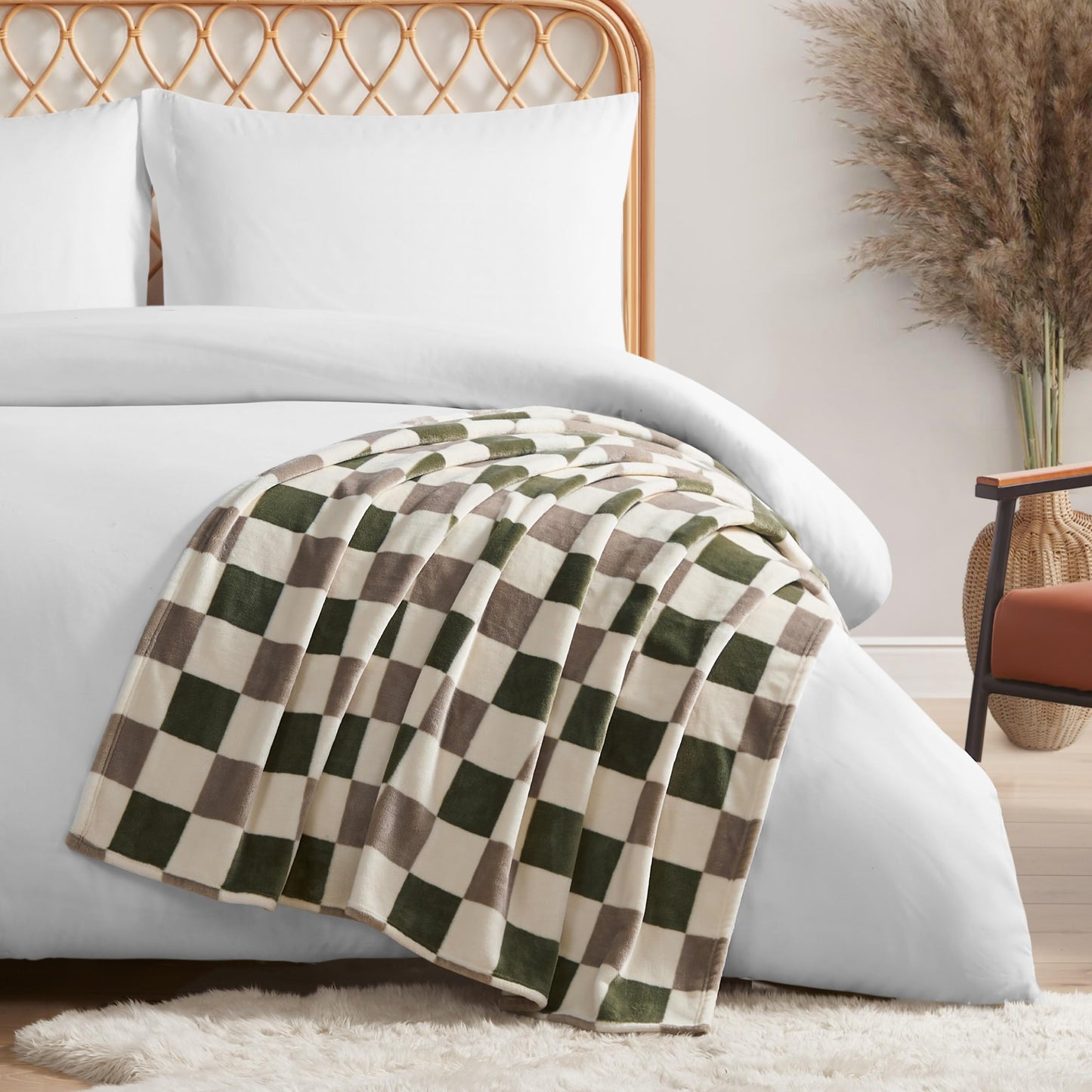 Jessica Simpson Plush 50"X70" Throw Blanket - Emery Checkerboard Olive/Grey - Luxurious Plush Blanket for Ultimate Comfort and Cozy Warmth