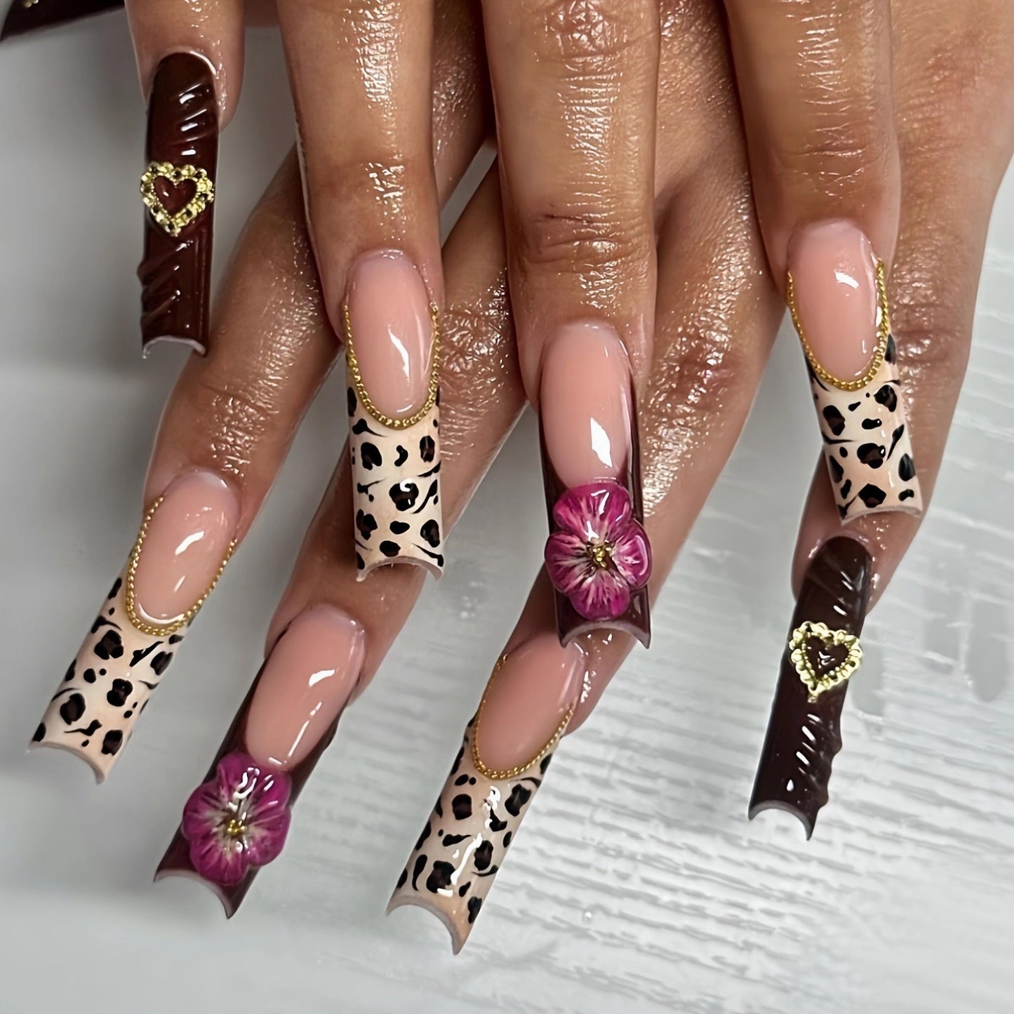 MERVF Press on Nails Long Square Fall, Brown French Tip Fake Nails 3D Flower Heart Glue ons Leopard Acrylic Nail Luxury Gold Charms Design Glossy 24pcs
