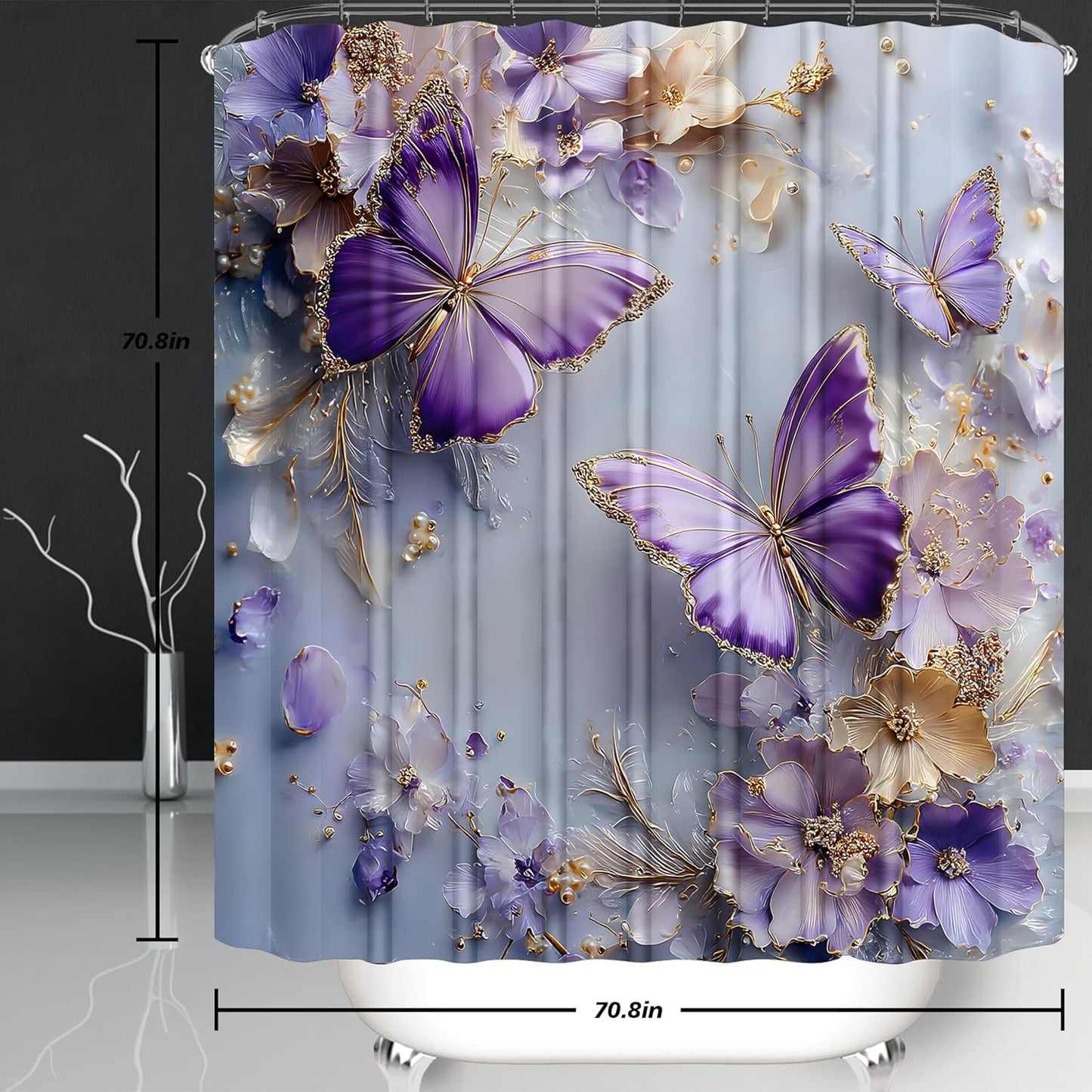 Chrainy 4 Pcs Purple Floral Butterfly Shower Curtain Set with Non-Slip Rugs, Modern Toilet Lid Cover and Bath Mat, Elegant Bathroom Decor Set with Hooks