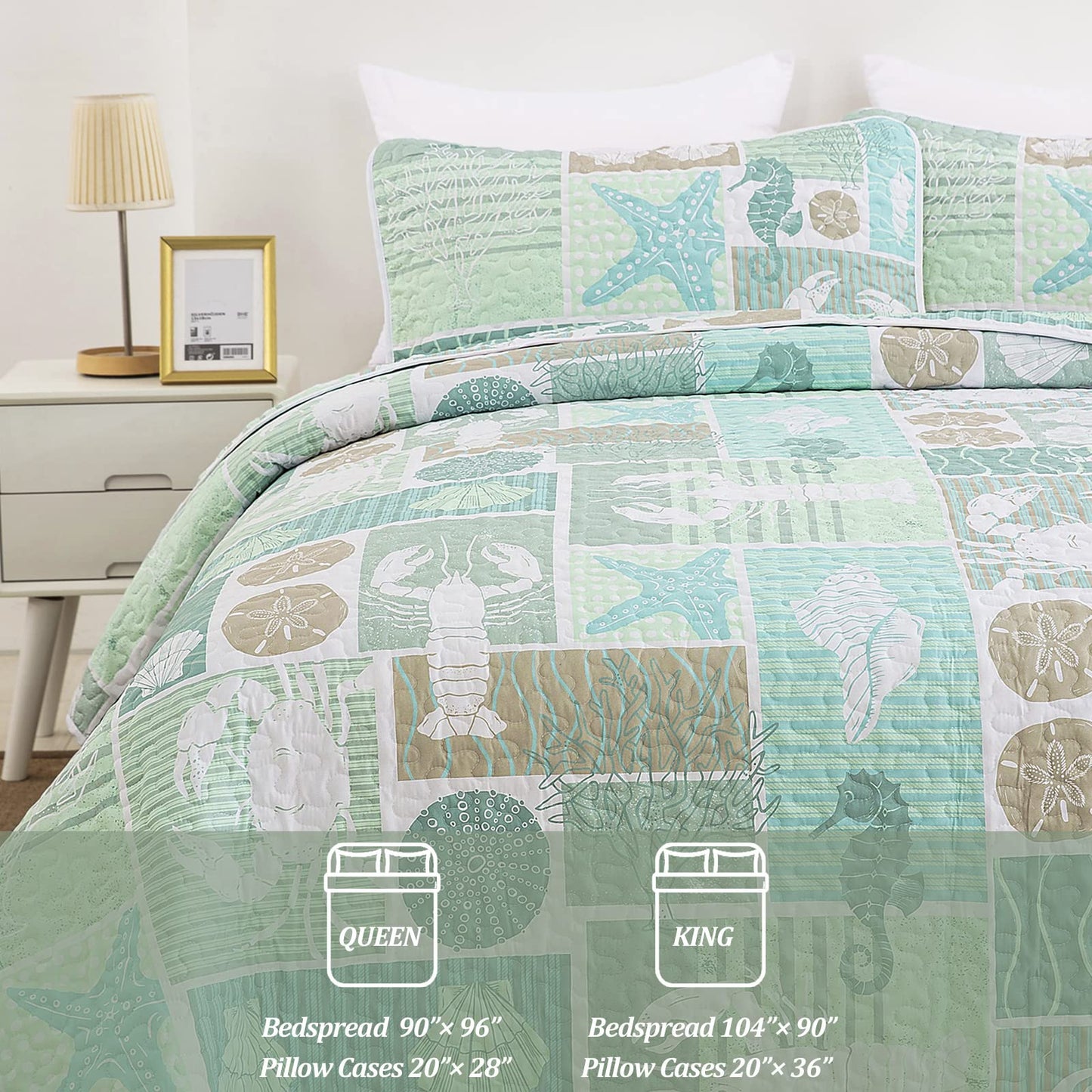 DJY Green Quilt Set Queen Coastal Beach Theme Quilt Coverlet Set Soft Microfiber Reversible Bedspread with 2 Pillow Sham 3 Pieces Coastal Bedding Quilt for All Season 90"x96"