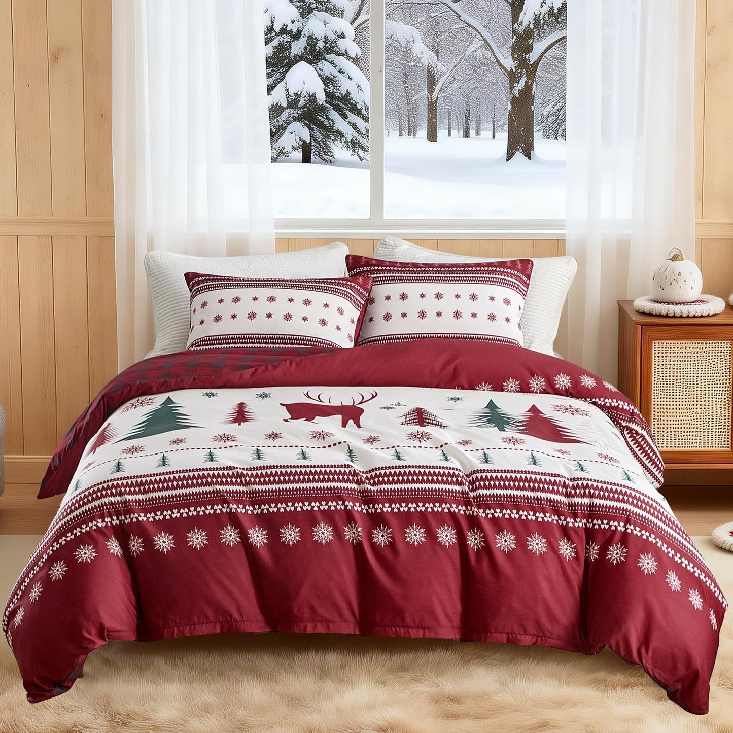 Lekesky Duvet Cover King Size,3 Pieces Reversible Red Plaid Reindeer Snowflake Winter Bedding Set with Zipper Closure and Corner Ties(1 Duvet Cover 104''×90'' inches + 2 Pillowcases)