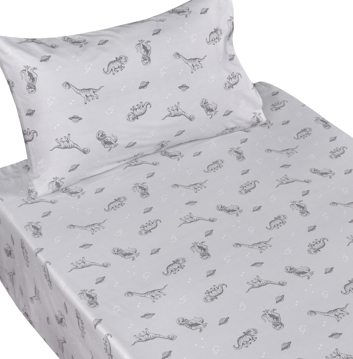 Scientific Sleep Gray Dinosaur Space Walk Universe Travel 100% Cotton 3 Pcs Twin Bed Sheet Set Kids Toddler Teen, Flat Sheet & Fitted Sheet & Pillowcase Kids Bedding Set Twin