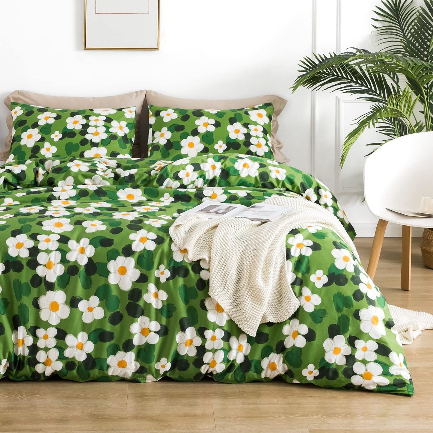 YuHeGuoJi Watercolor Flower Duvet Cover Queen 100% Cotton 3 Pcs Set 1 Sage Green Plant Duvet Cover with Zipper Ties 2 Pillowcases Garden Cute White Botanical Floral Bedding Set Soft