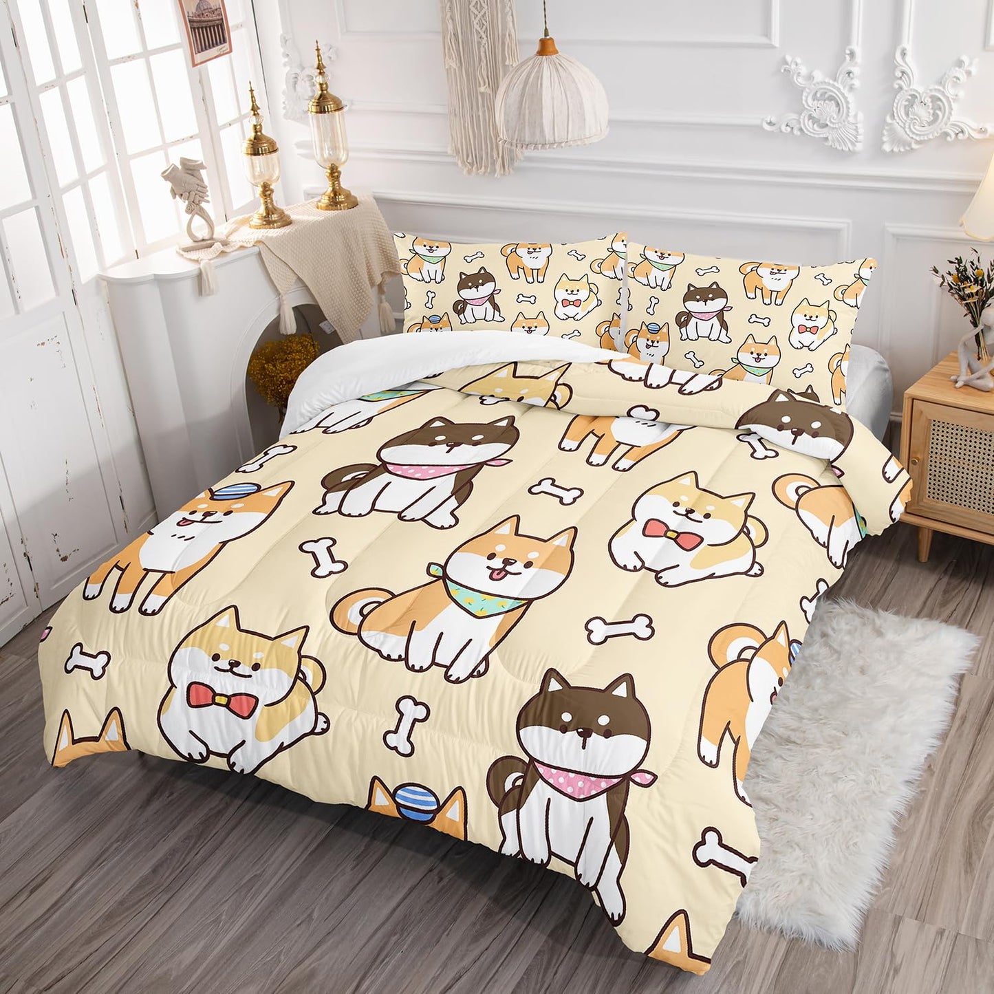 XYNHML Kawaii Cartoon Corgi Dog Animal Themed 3Pcs Comforter Full Yellow Black Dogs Pattern Bedding for Kids Teens Girls Boys Cute White Bone Quilt Bed Decor Set with 1 Comforter and 2 Pillowcases