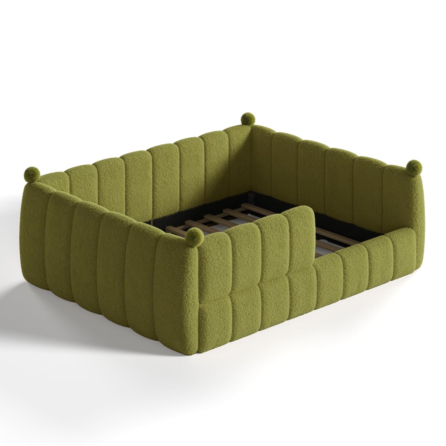 Bellemave Queen Size Teddy Fleece Upholstered Montessori Floor Bed with Fence,Low Profile Kids Bed Frame with Full Padded Safety Guardrails, No Box Spring Needed for Boys and Girls,Green