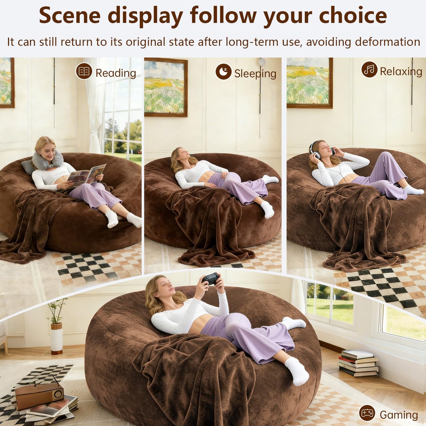 Big Bean Bag Chairs for Adults ，6FT Bean Bag Chair with Filler Memory Foam Chair Super Soft Plush, Living Room Furniture, Suitable for bedrooms, Comfy Lounge Reading Chairs (Coffee, 6FT)