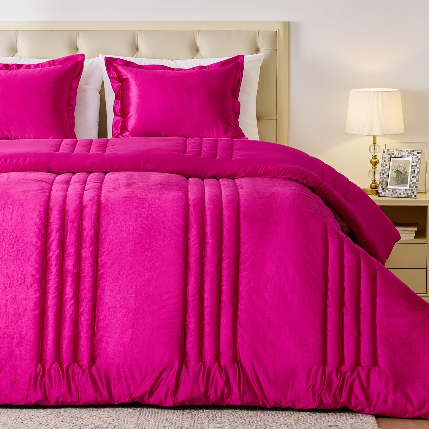 MUSSEL Hot Pink Queen Comforter Set 3 Pieces,Luxury Lightweight Fluffy All Season Cozy Velvet Bedding Comforter Sets,Neutral Striped Bedroom Comforter with 2 Shams
