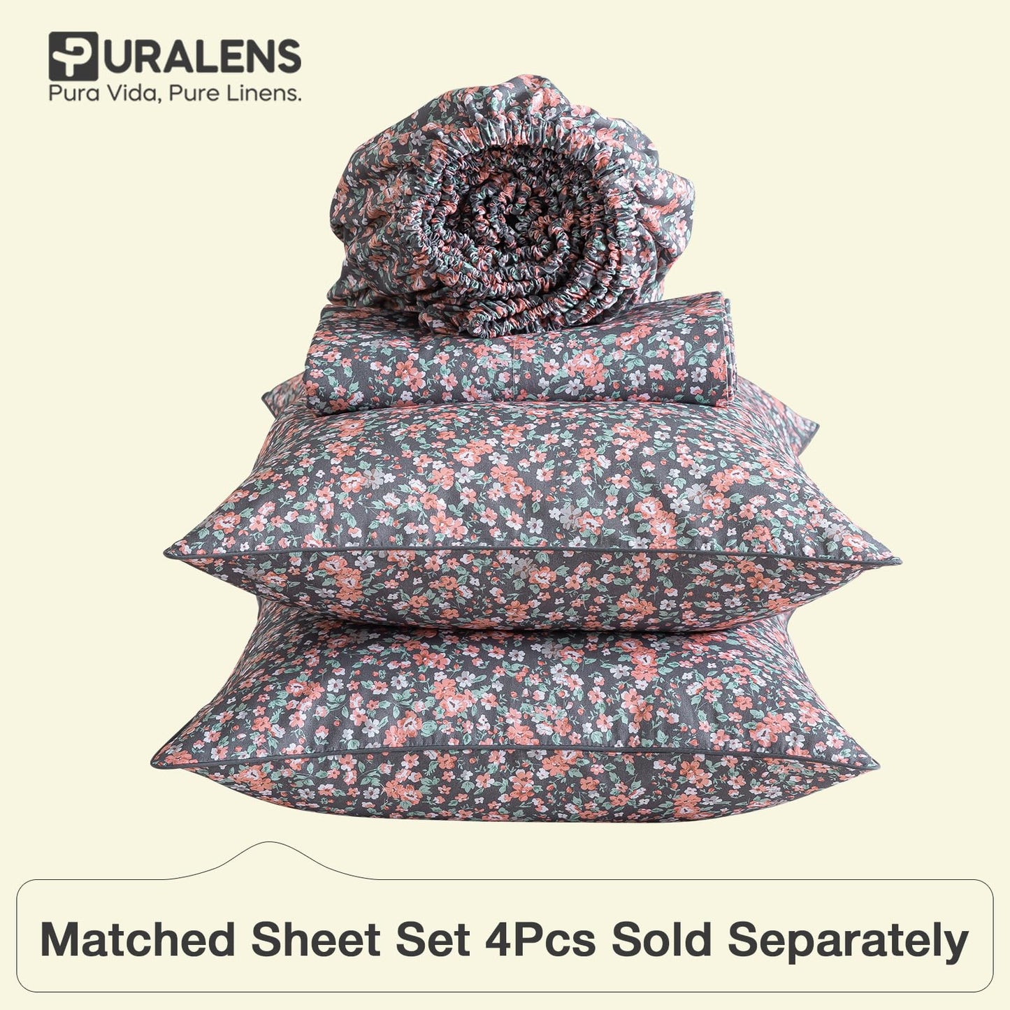 Puralens Dark Grey Vintage Floral Duvet Cover, King 100% Cotton Percale Pink Flower Comforter Cover Set, Shabby Chic Reversible Toile Bed Cover Set with Ties, Luxury Farmhouse Zipper Bedding, 3Pcs