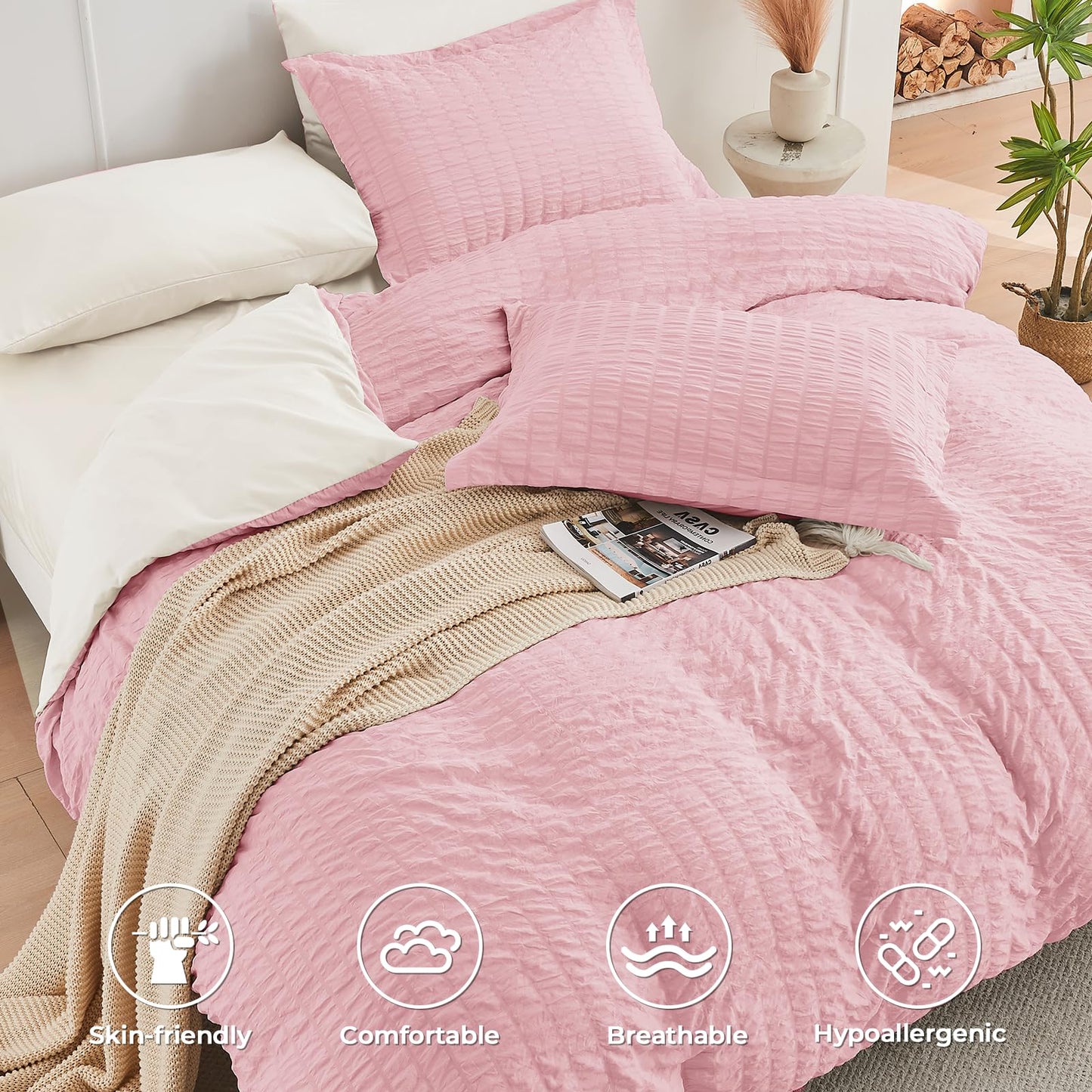 HYMOKEGE Pink/Ivory Twin Comforter Set Seersucker 5 Pieces, All Season Luxury Bed in a Bag for Bedroom, Bedding Set with Comforter, Sheets, Pillowcase & Sham