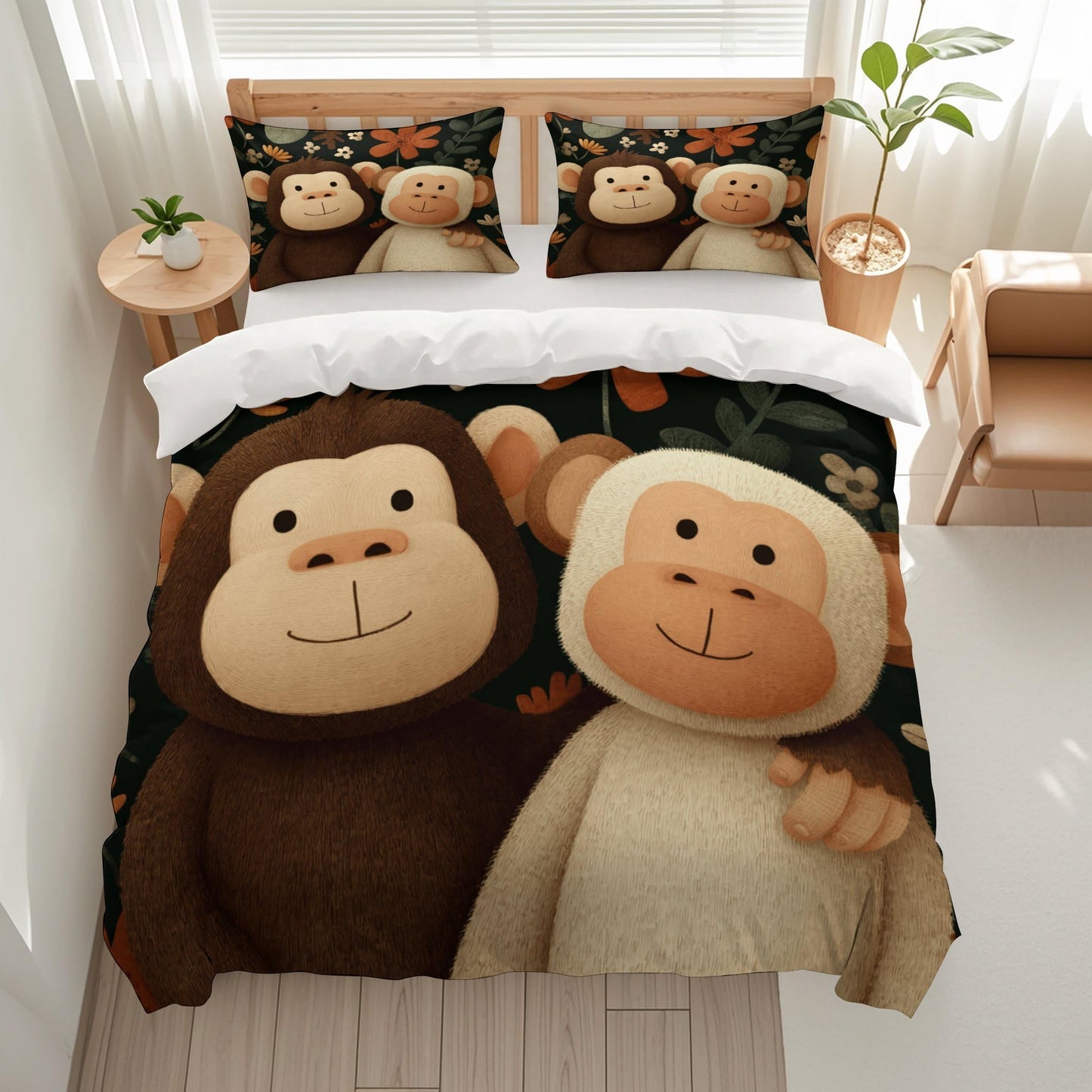 Kjdfhk Monkey Friends Bedding Comforter Sets Bedding Set 3 Pieces (1 Duvet Cover 2 Pillowcases) with Zipper Closure Lightweight