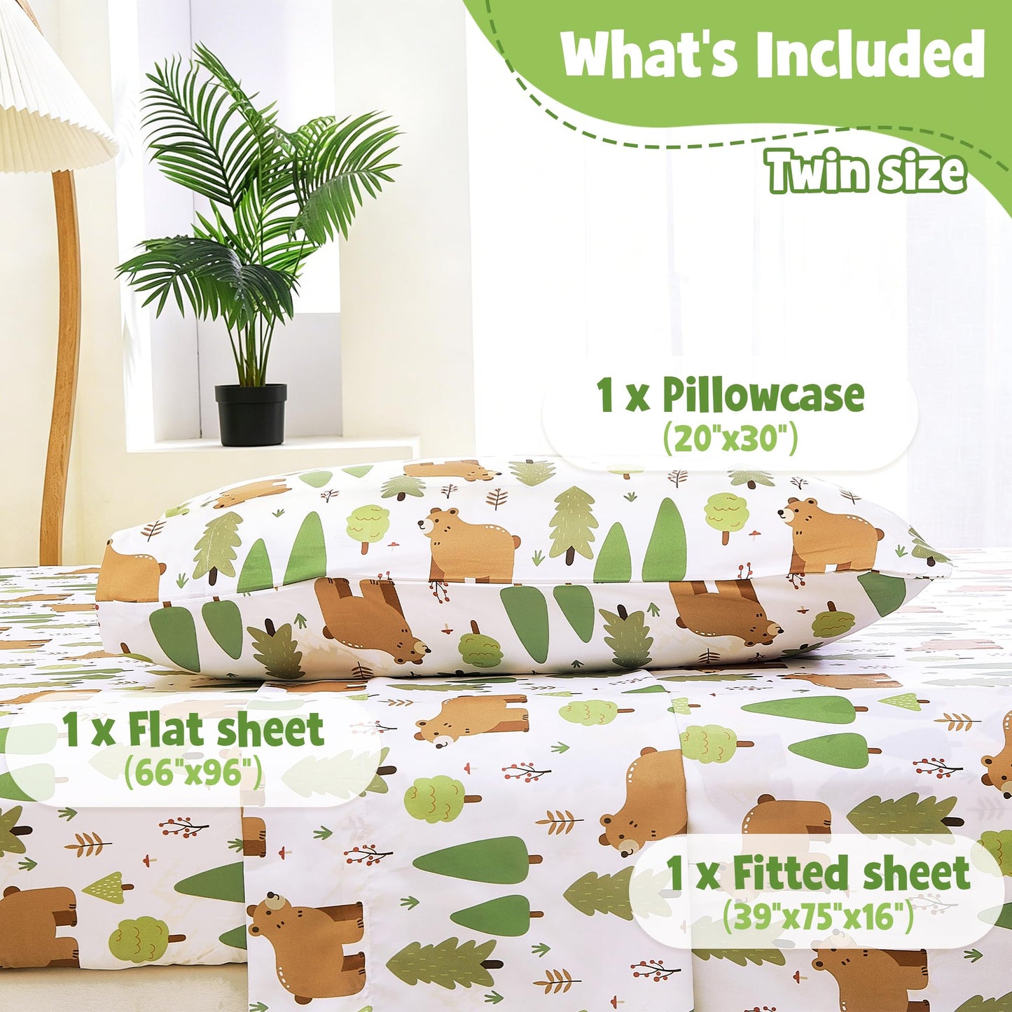 CozySmile Twin Sheet Set Kids,3 Pieces Breathable Soft Microfiber Bedsheets for Child Boys, Oeko-TEX, Anti Pilling Deep Pockets Easy Care Bed Sheets, Forest Bear