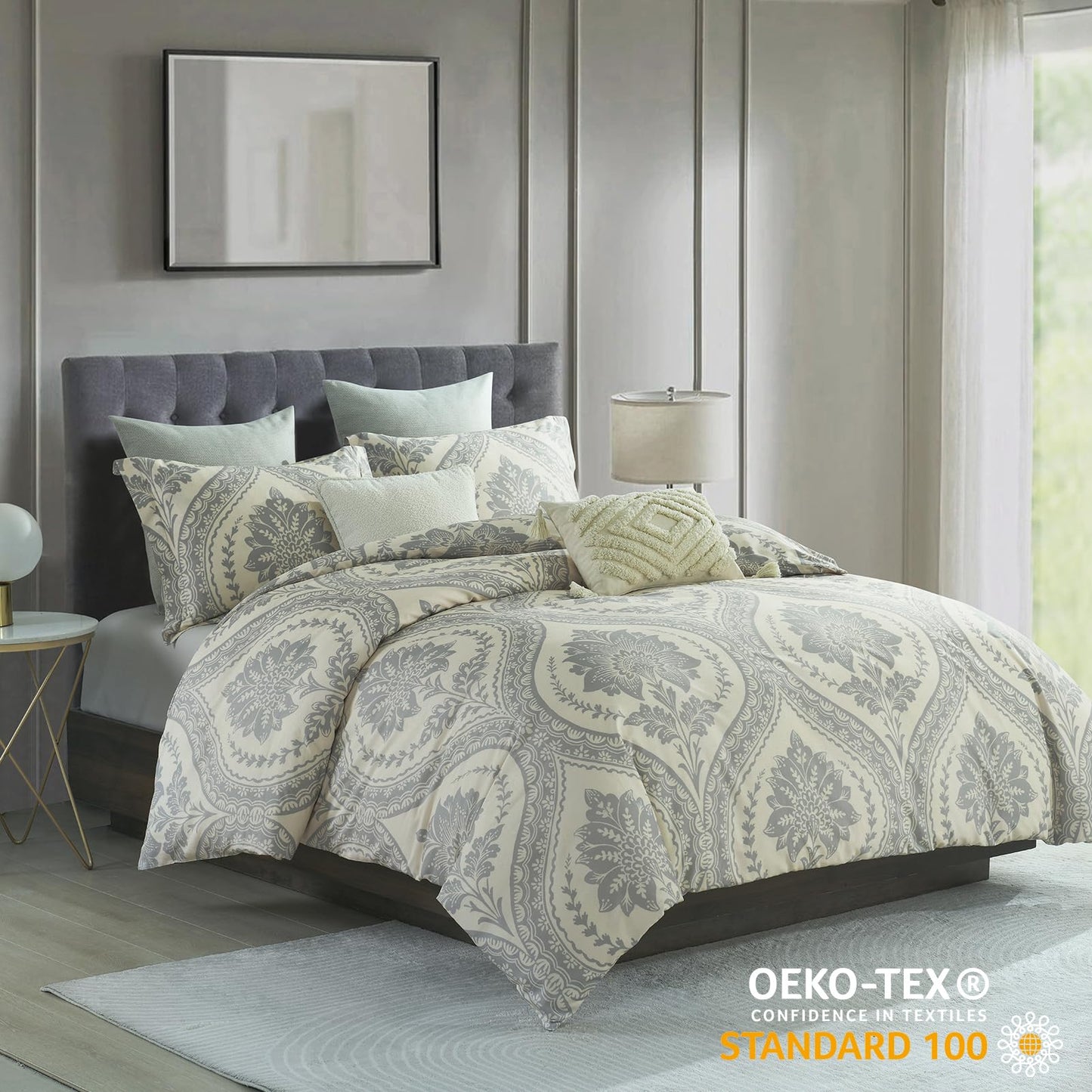 CozyDH Cotton Duvet Cover King - 100% Cotton 400 Thread Count Beige Duvet Cover Set King Size, Soft and Breathable Floral Damask Paisley King Bedding Set for All Season (King, 104"x90", NO Comforter)