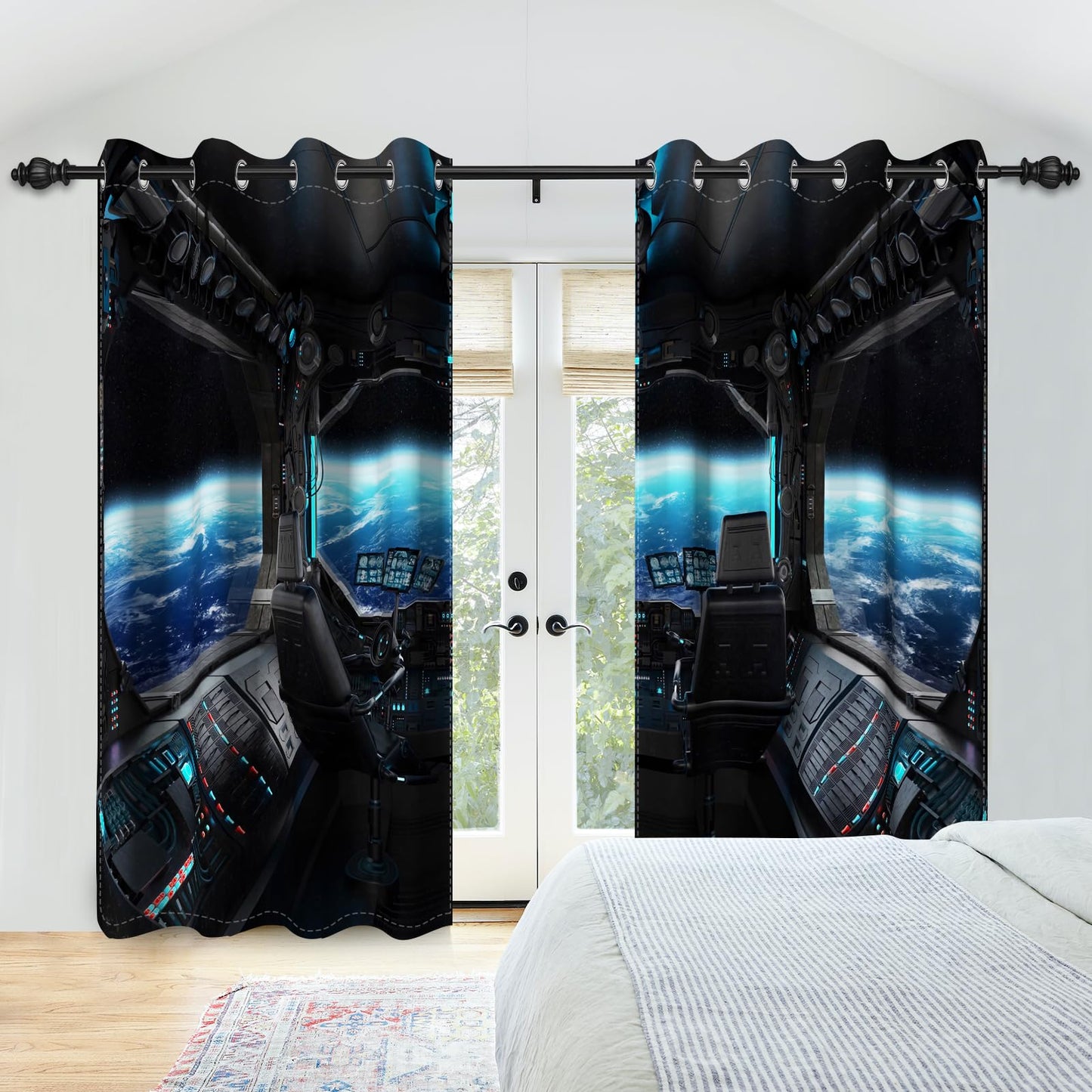 Renaiss Spacecraft Interior Window Curtains Futuristic Spaceship Cockpit Window Treatments Outer Space Earth View Blackout Drapes for Bedroom Living Room French Door Decor 42x84 Inches x 2 Panels