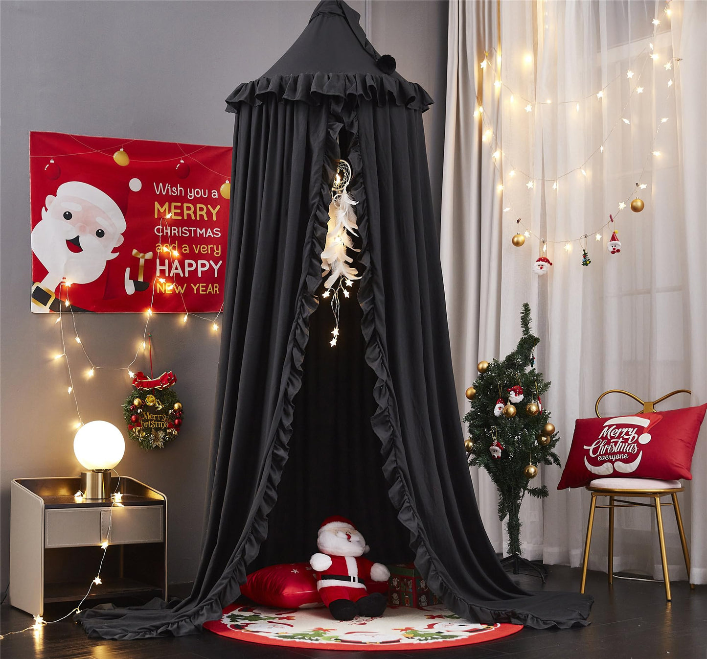 VETHIN Bed Canopy for Girls,Princess Round Dome Dreamy Mosquito Net Bedding Girls Room Castle Play Tent Hanging House Decor Reading Nook Canopies (Black)