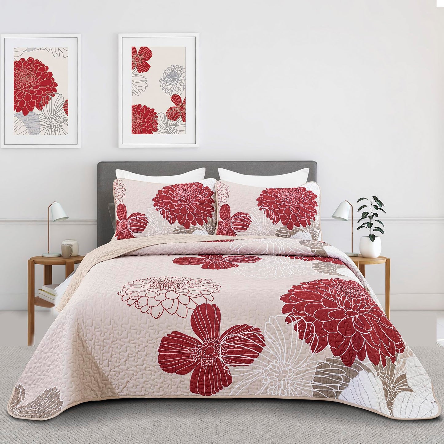 Red Floral Quilt Set Queen Size - 3 Piece Red Flower Pattern Bedspreads, Reversible Lightweight Microfiber Burgundy Quilts Bedding Set with 2 Pillowcases, All Season Quilted Coverlet Set (96''x90'')
