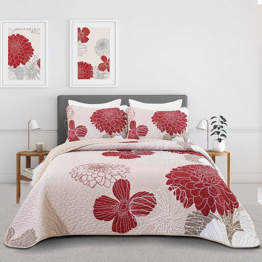 Red Floral Quilt Set Queen Size - 3 Piece Red Flower Pattern Bedspreads, Reversible Lightweight Microfiber Burgundy Quilts Bedding Set with 2 Pillowcases, All Season Quilted Coverlet Set (96''x90'')