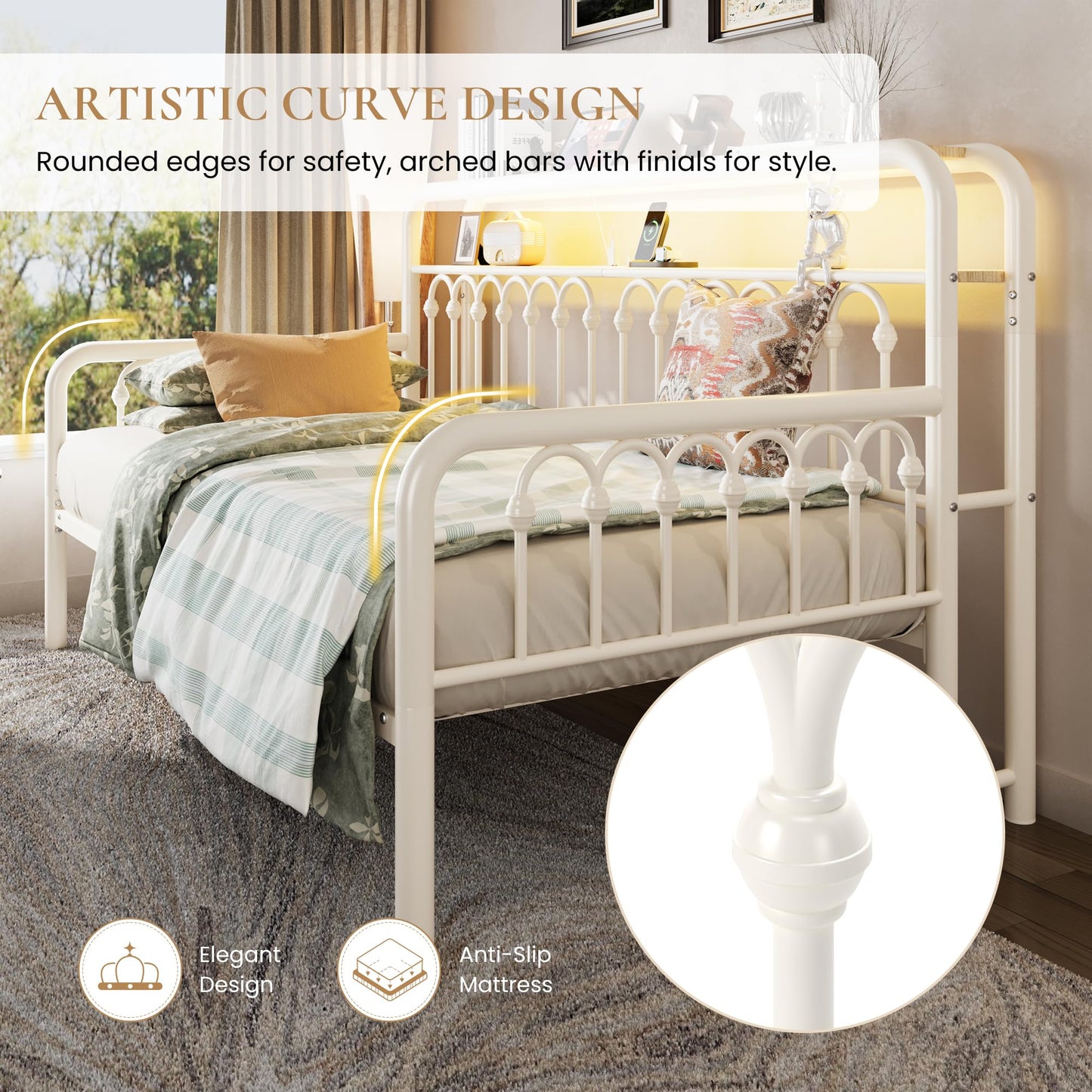 SHA CERLIN Twin Size Daybed, Metal Sofa Bed Frame with Double-Layer Storage Headboard, LED Lighting & USB Charging Ports, Steel Slat Support, White, for Living Room/Guest Room