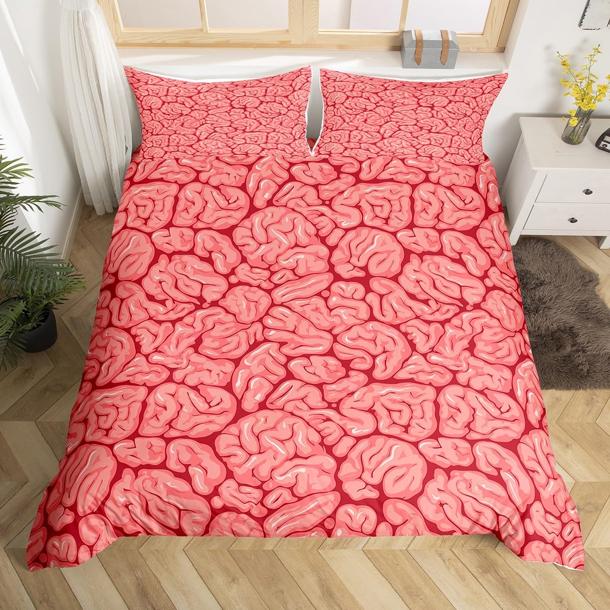 Feelyou Halloween Theme Bedding Set Queen Size Kids Pink Comforter Cover Set for Boys Girls Teens Brain Design Duvet Cover Human Brain Bedspread Cover（No Comforter