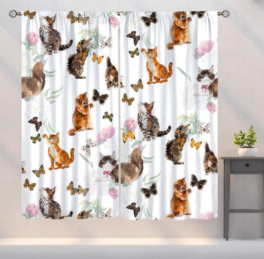 YSWOW Cat Curtains Cartoon Animals Colorful Flowers Butterflies Art Printed Blackout Window Drapes for Living Room Kitchen Decor Fabric Set 2 Panel 42x54 Inch 80% Shading Rate