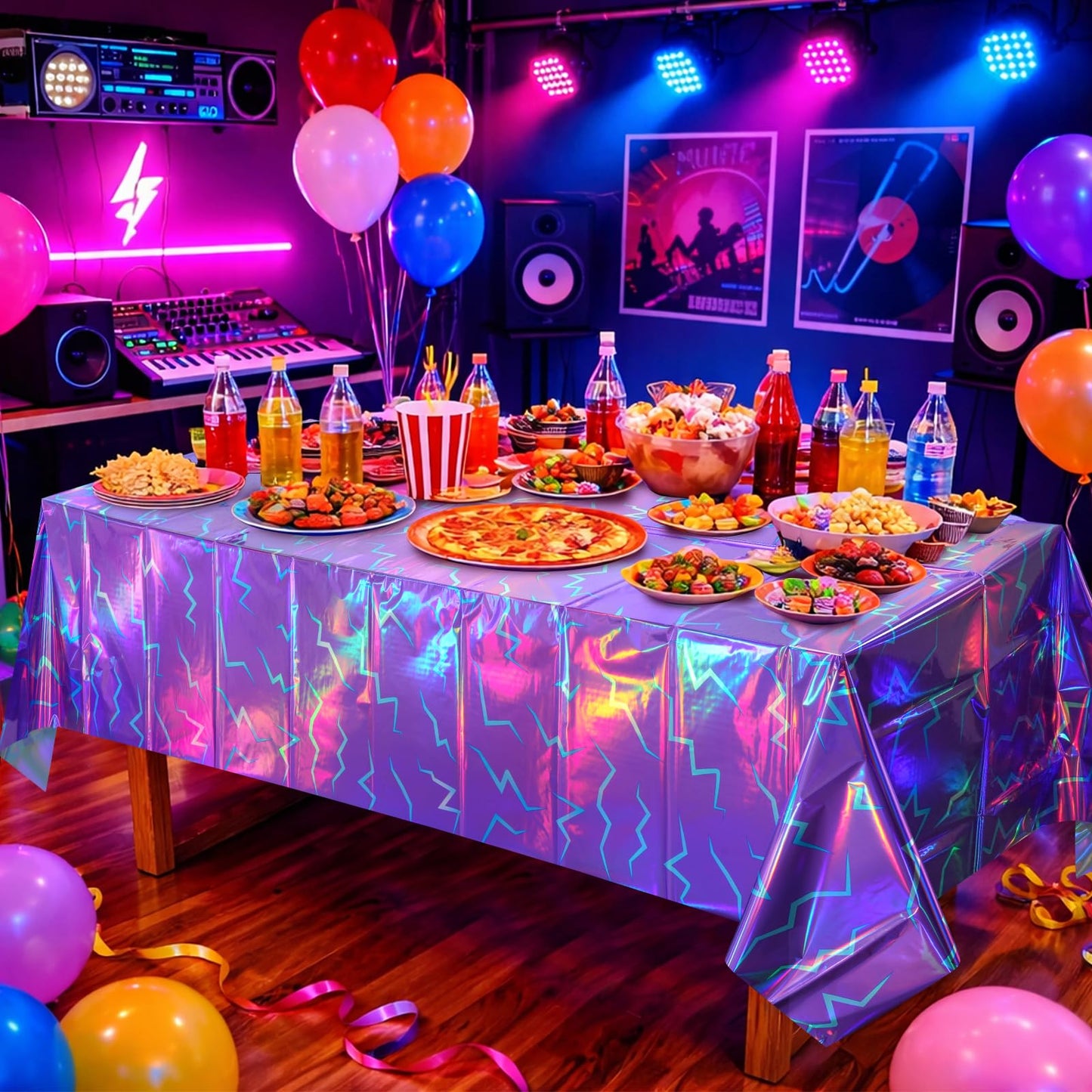 3 Pack Iridescent Purple and Blue Kpop Plastic Tablecloth 54x108 Inch, Holographic Laser Disposable Table Cover, Rectangle Purple and Blue Table Cloth for Kpop Halloween Birthday Party Decorations