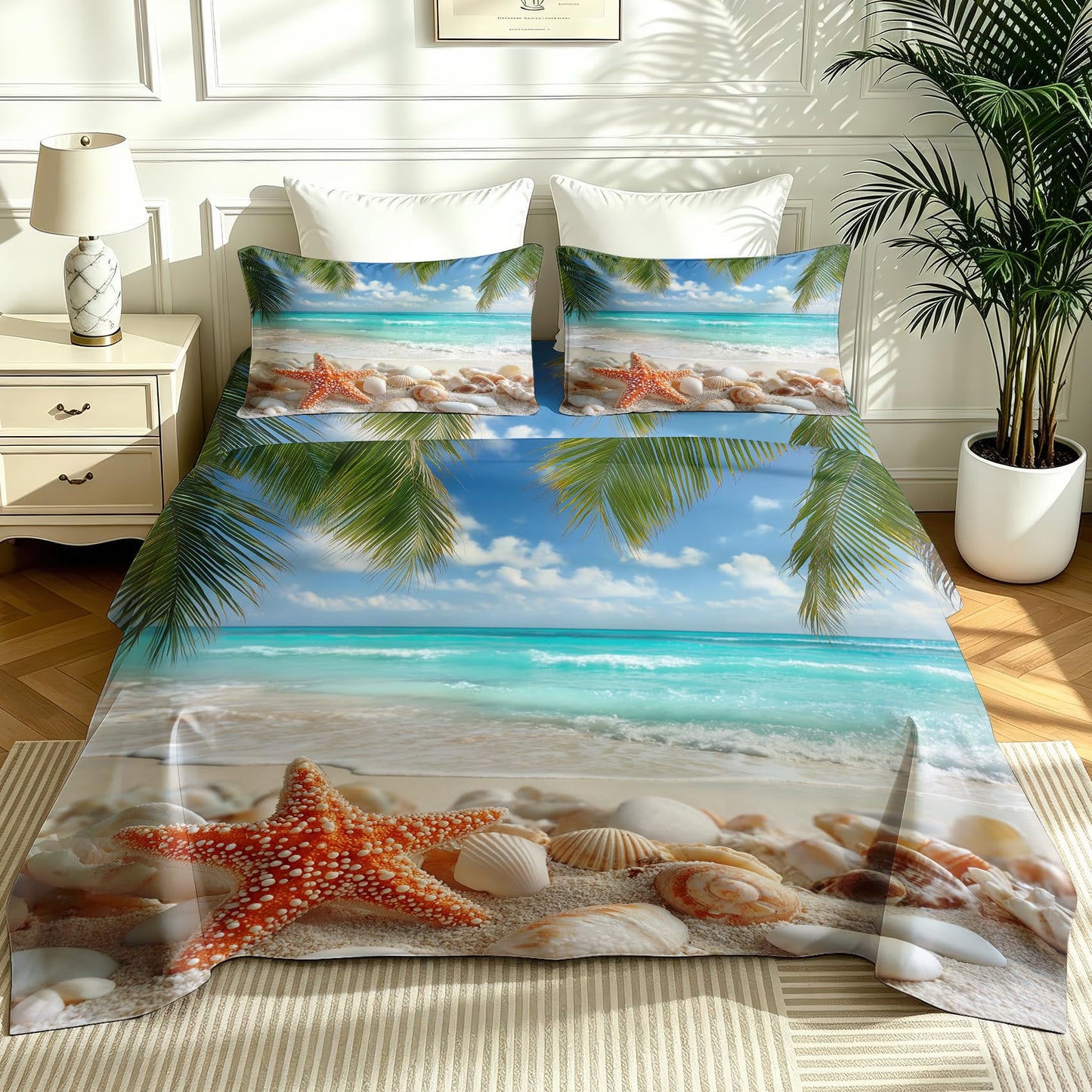 Tropical Beach Sheet Set, 4 Pcs Queen Size Starfish Seashells Bed Sheets
