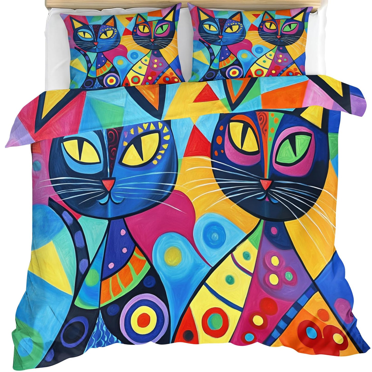ZAMODE Cat Duvet Cover Queen Size, Abstract Kitten Comforter Cover 90" x 90" & 2 Pillowcases, Cartoon Colorful Cat Bedding Set with Zipper Ties