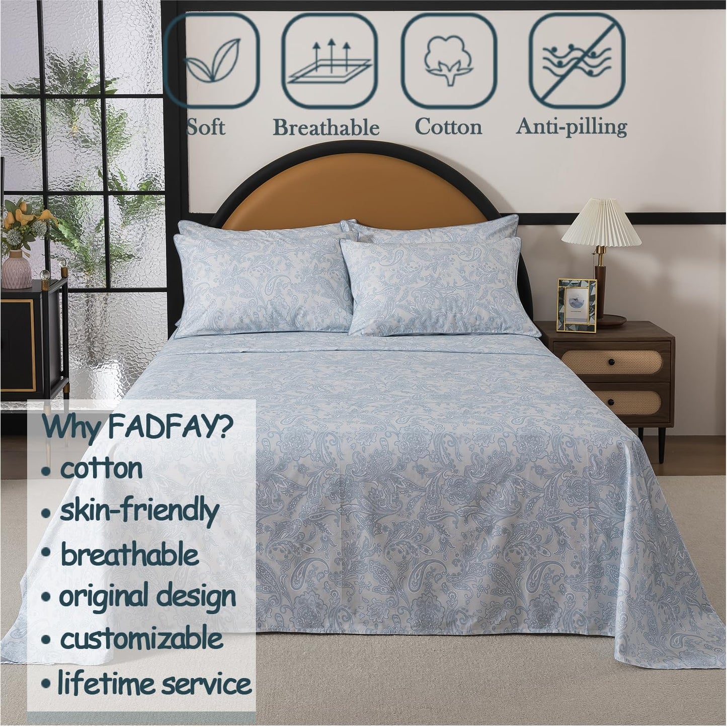 FADFAY Sheets Set Full 100% Cotton, 4-Piece Shabby Paisley Floral Bedding Light Blue Boho Paisley Bed Sheet Set, Vintage Farmhouse Bedding Soft & Breathable Deep Pocket Fitted Sheet for All Seasons