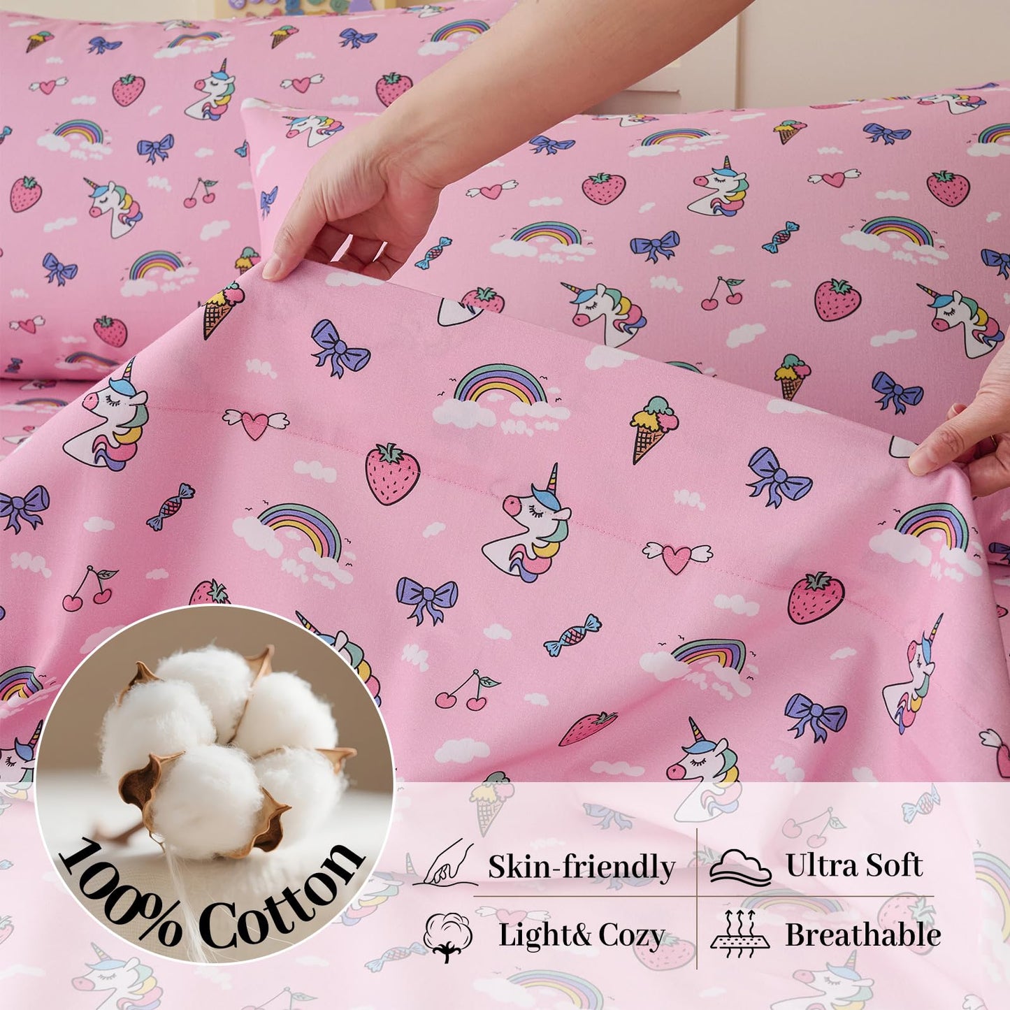 YIYEA 100% Cotton Kids Sheets, Ultra Soft Cozy Cute Bed Sheets Set for Girls, Boys, Teens, 16" Deep Pocket, 3PC, Twin