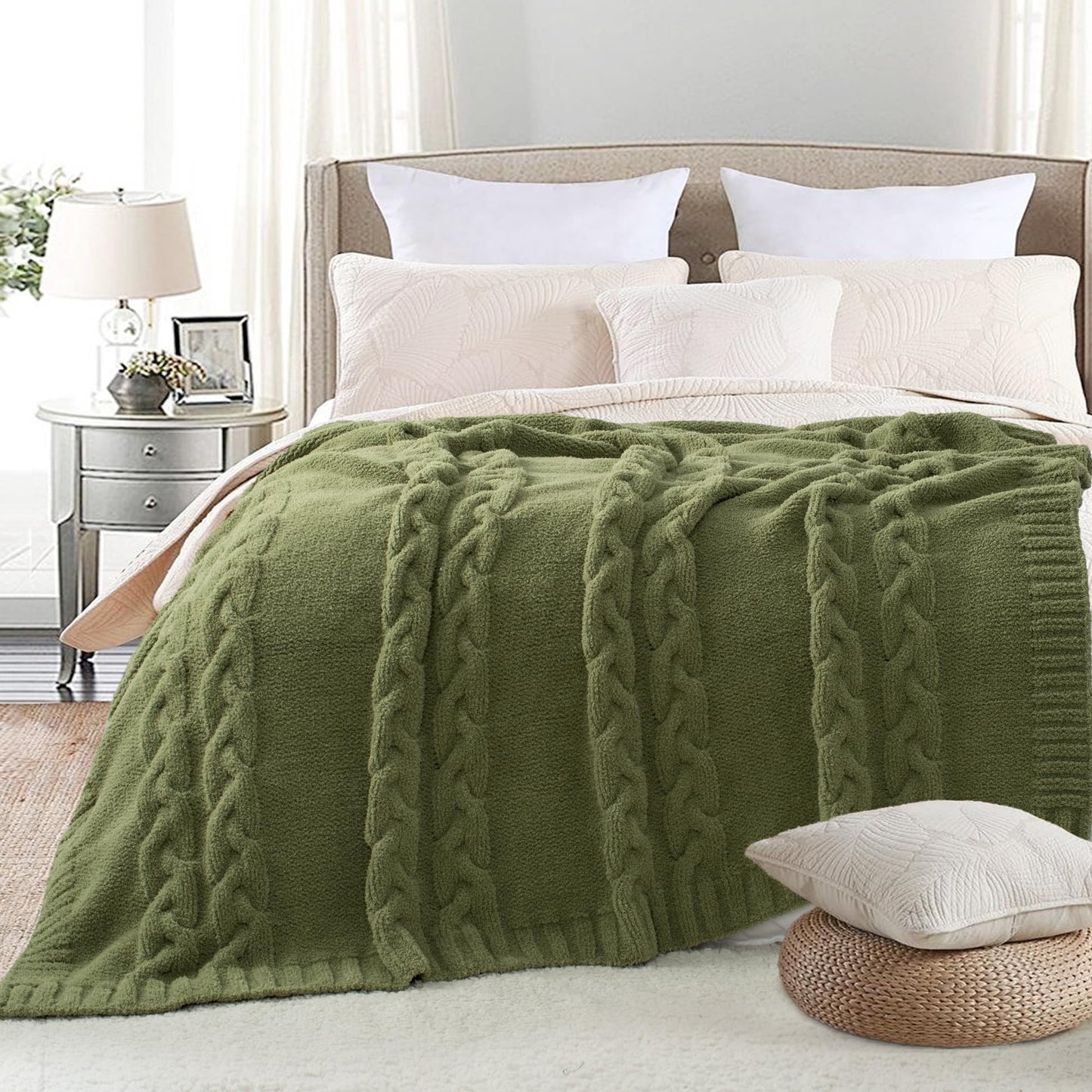 GINAMUSE Chunky Knit Blanket Super Soft Cable Fluffy Microfiber Cozy Warm Winter Blankets for Couch Sofa Bed Twin Size 60"X80" Olive Green