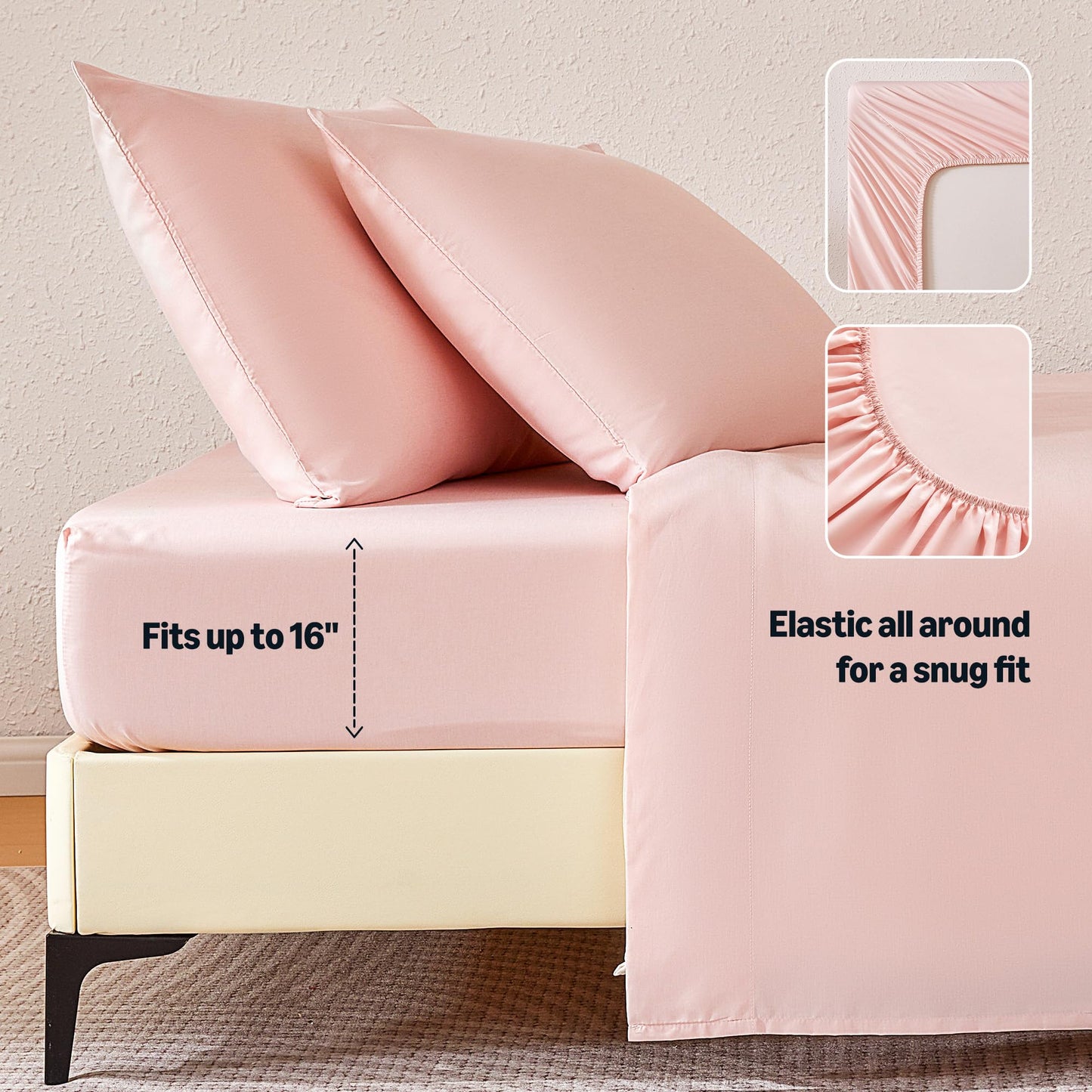 Amazon Basics Sheet Set Cationic 4-Piece Bedding Set, Wrinkle Free and Easy Fit, Easy Care Bedding with 1 Deep Pocket Fitted Sheet, 1 Flat Sheet, and 2 Pillowcases, King, Pink