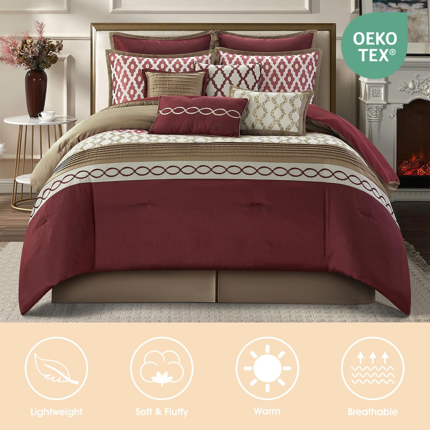 LANCO MODERN LIFESTYLE Queen Comforter Set, Burgundy, 10 Piece Bed in a Bag for All Seasons, Luxury Extreme Comfort Bedding Sets with Bedskirt, Pillow Shams, Euro Shams and Decor Pillows