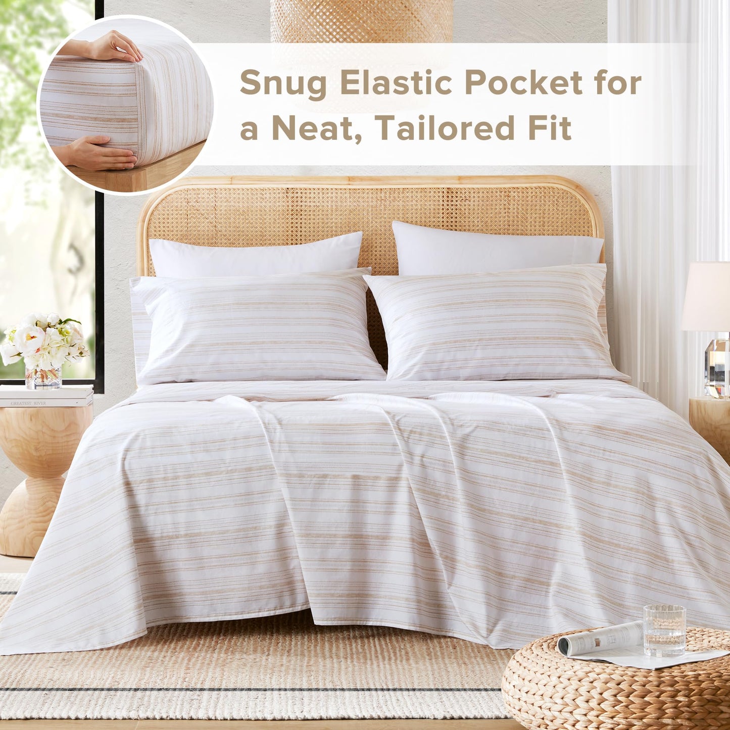 Comfort Spaces 100% Cotton Sheets Cal King, Breathable, Naturally Cool Cotton Sheets, Cotton Bed Sheets with 14" Elastic Pocket Fits up to 16" Mattress, All Seasons Sheet Set, Good Vibes Taupe 4 Piece