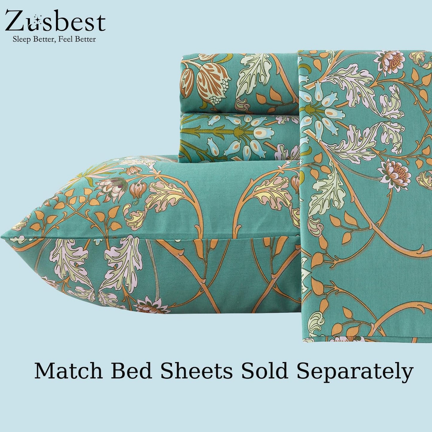 Zusbest Boho Duvet Cover Set Queen Size 100% Cotton Floral Bohemian Comforter Cover Teal Green Printed Reversible Orange Bedding Luxury Crisp Soft French Country Bedding 3Pcs, Queen