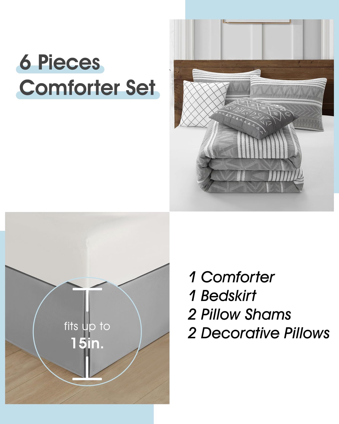 LANCO MODERN LIFESTYLE Cotton Comforter Set Queen, Gorgeous Geometric Jacquard, Grey Soft Lightweight Bedding Set for All Seasons, 6 Pieces with Bedskirt, Pillow Shams and Decor Pillows