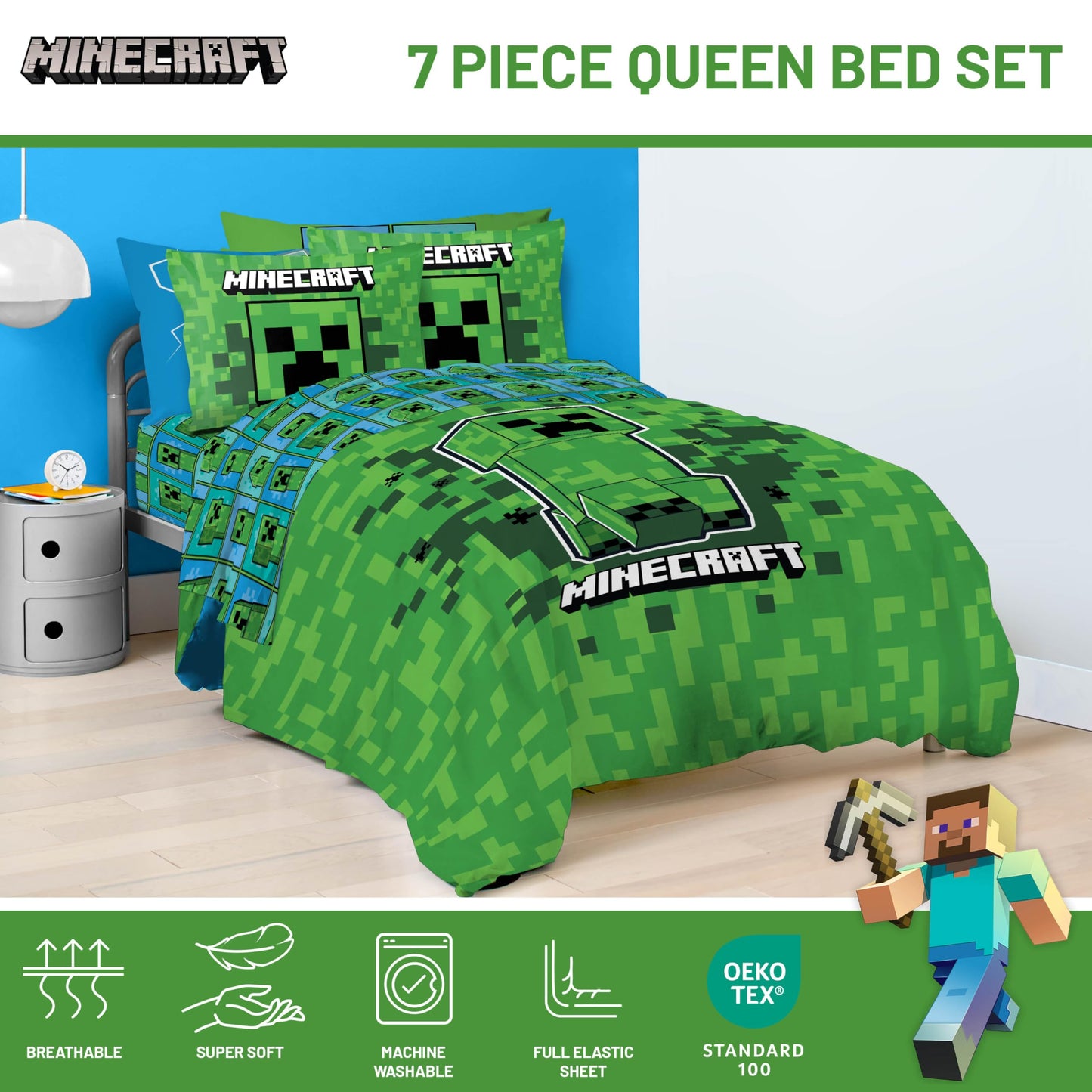 Jay Franco Kids Comforter Set Includes Sheets and Pillow Covers - Soft and Cozy Bed Set for Stylish Room Decor, Green - Minecraft Creeper, 7 Piece Queen Size Bedding
