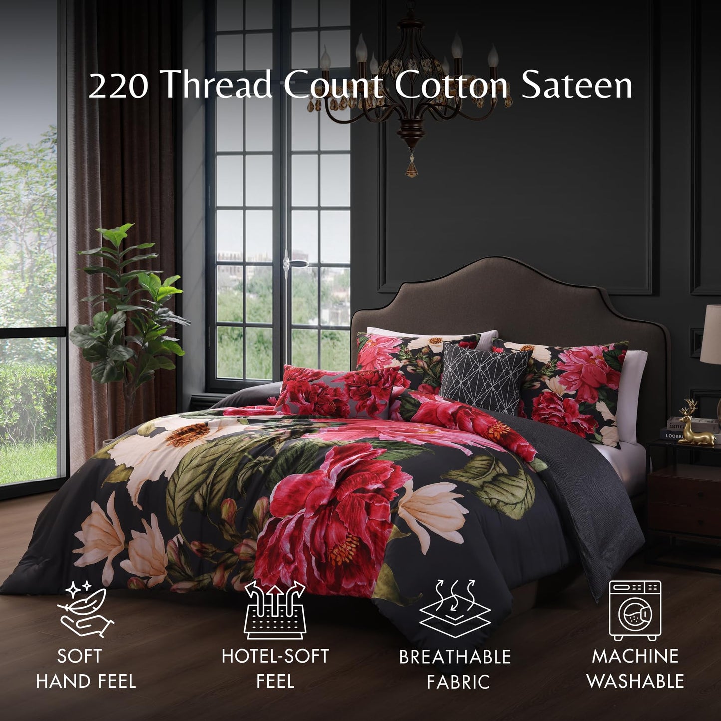 Bebejan Flower Garland 5 Piece Comforter Set, 100% Cotton Sateen, 220 Thread Count, Grey Reversible Bedding Comforter Set, 1 Comforter, 2 Shams & 2 Pillows (King/Cal King)