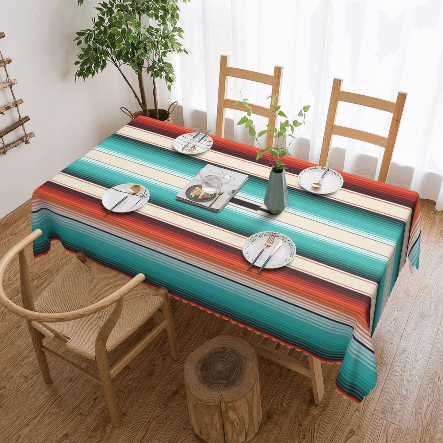 HEROARMOUR Rectangle Mexican Serape Turquoise Tablecloth Washable Boho Ethnic Striped Table Cover Table Cloth for Party Picnic Dinner Outdoors Home Decor 54x72Inches