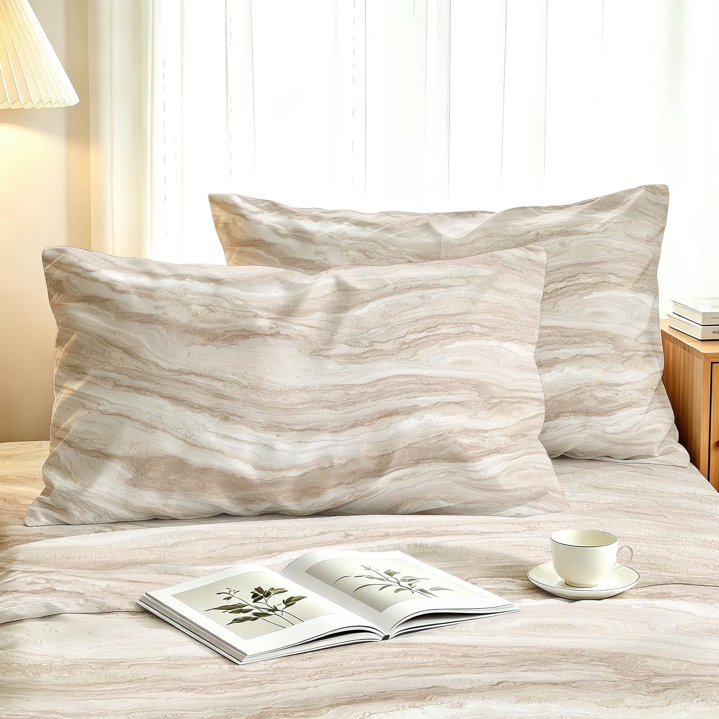 Marble Sheet Set, 4 Pcs Full Size Modern Bed Sheets, Beige