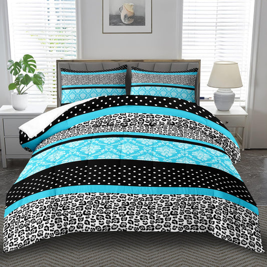 llyxsesty Leopard Print Comforter Set Queen,Blue Polka Dot Bedding Set,Black and White Comforter Bedroom Decor,Vintage Floral Quilt for Women,Mid Century Modern Bedding,Paris Themed Bedroom Decor