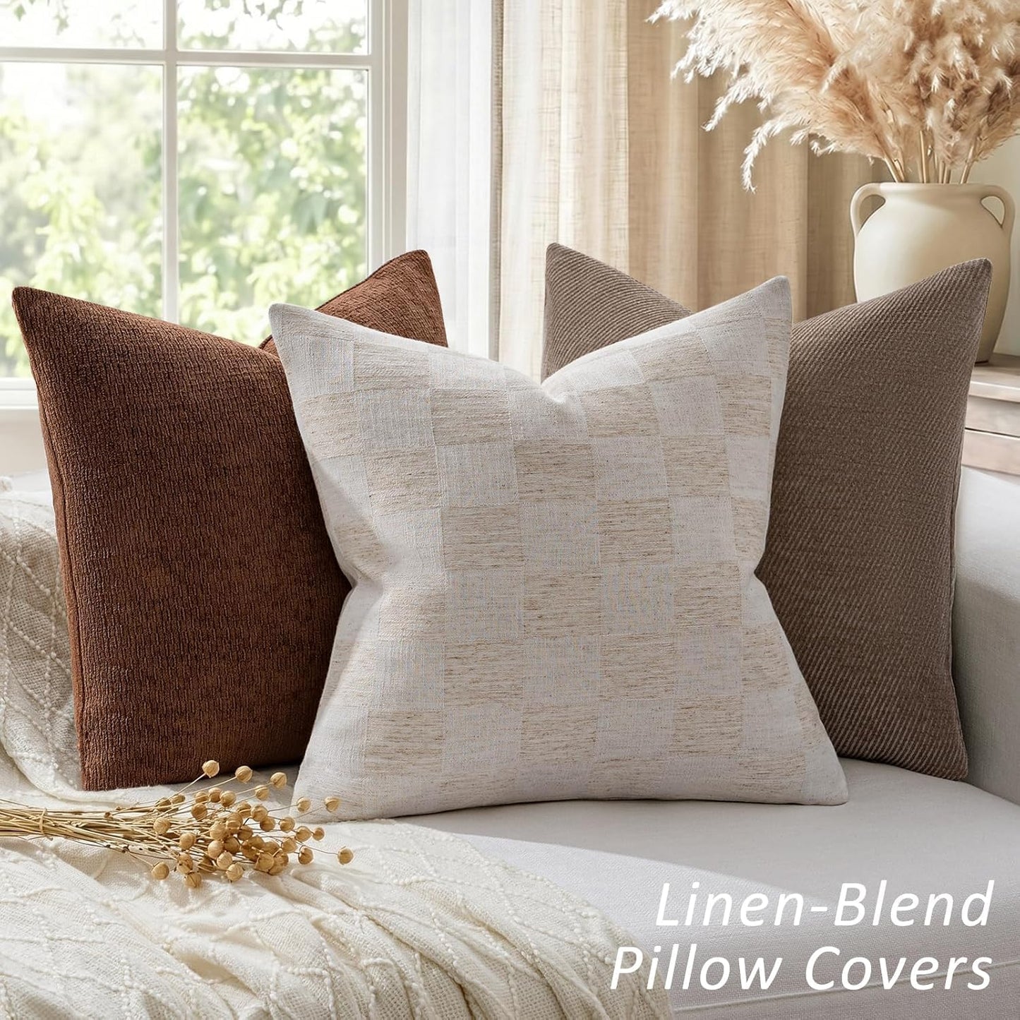 a moment Set of 2 Decorative Linen Throw Pillow Covers,Large Grid Textured Neutral Boho Farmhouse Cushion Covers,Soft Aesthetic Pillowcases for Couch Sofa Living Room Home Decor,24x24 Inch,Beige