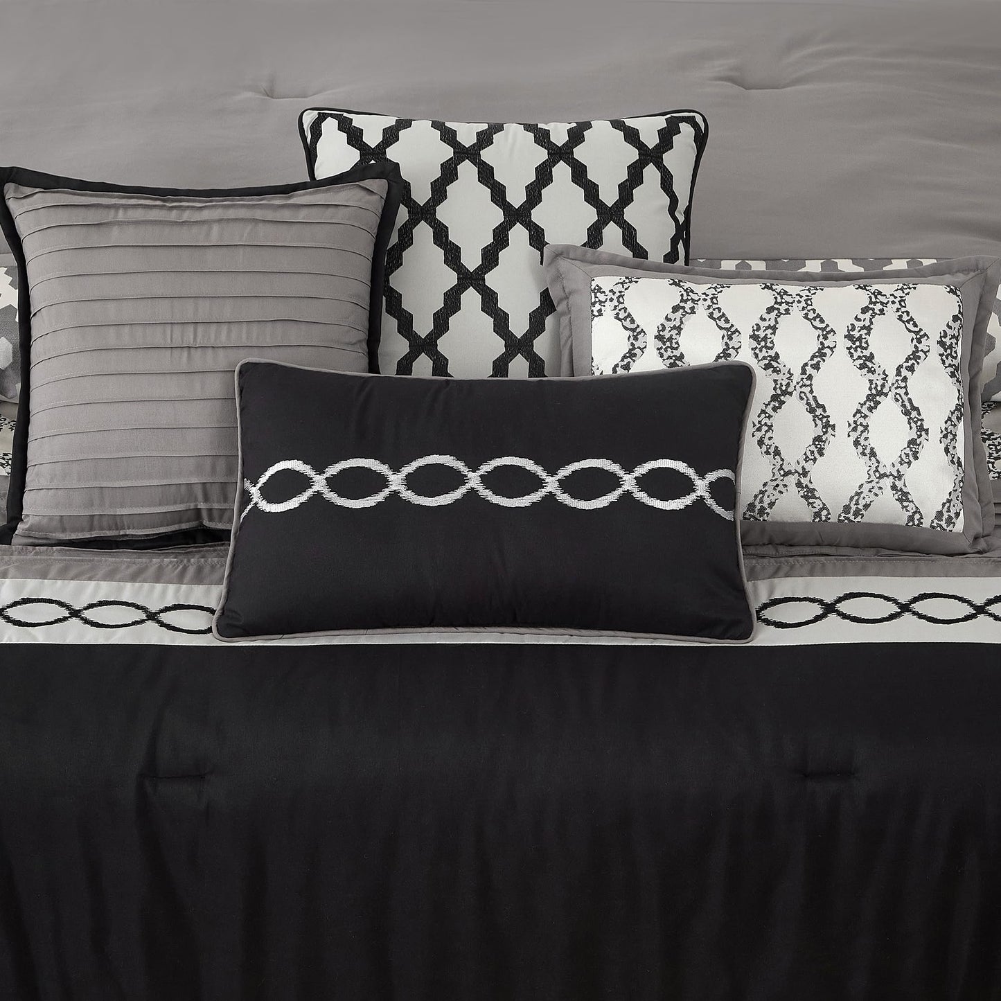 LANCO MODERN LIFESTYLE Queen Comforter Set, Black, 10 Piece Bed in a Bag for All Seasons, Luxury Extreme Comfort Bedding Sets with Bedskirt, Pillow Shams, Euro Shams and Decor Pillows