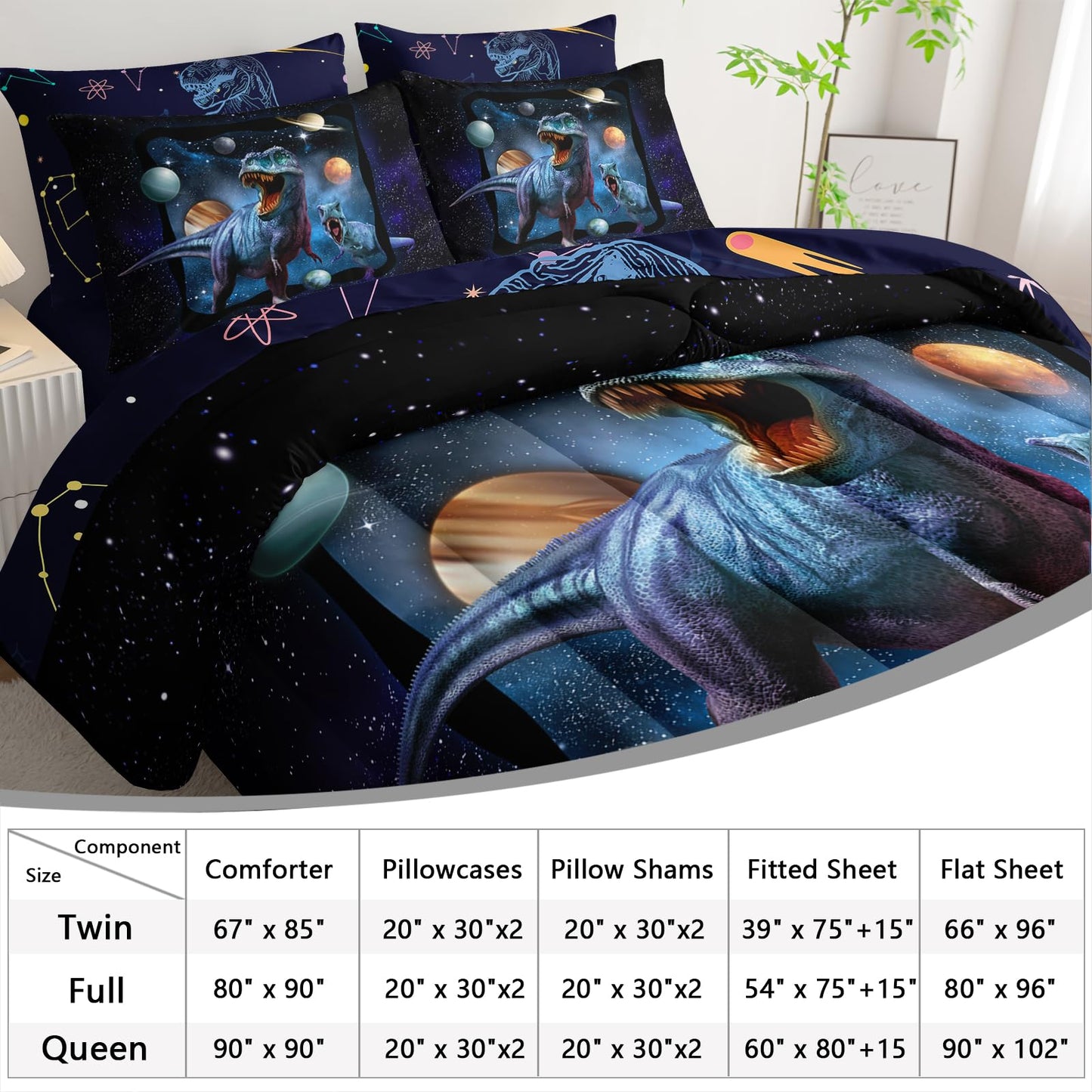 AILONEN Space Galaxy Dinosaur Comforter Set Full Size,7-Piece Soft Bed in a Bag Kids Boys Dino Comforter & Fitted Sheet & Flat Sheet & 2 Pillowcases,2 Pillow Shams for Bedroom