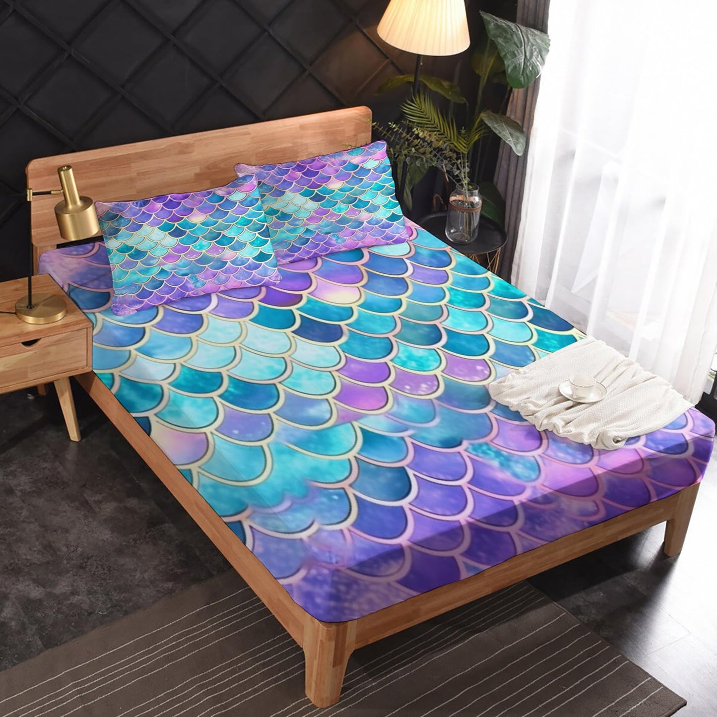Mermaid Scale Sheets King Sheet Sets - Girls Bed Sheets, Soft Microfiber & Deep Pocket & Wrinkle Free Patterned Bedding Sheets & Pillowcases, 4 Piece ( 1 Fitted Sheet, 1 Flat Sheet, 2 Pillow Cases )