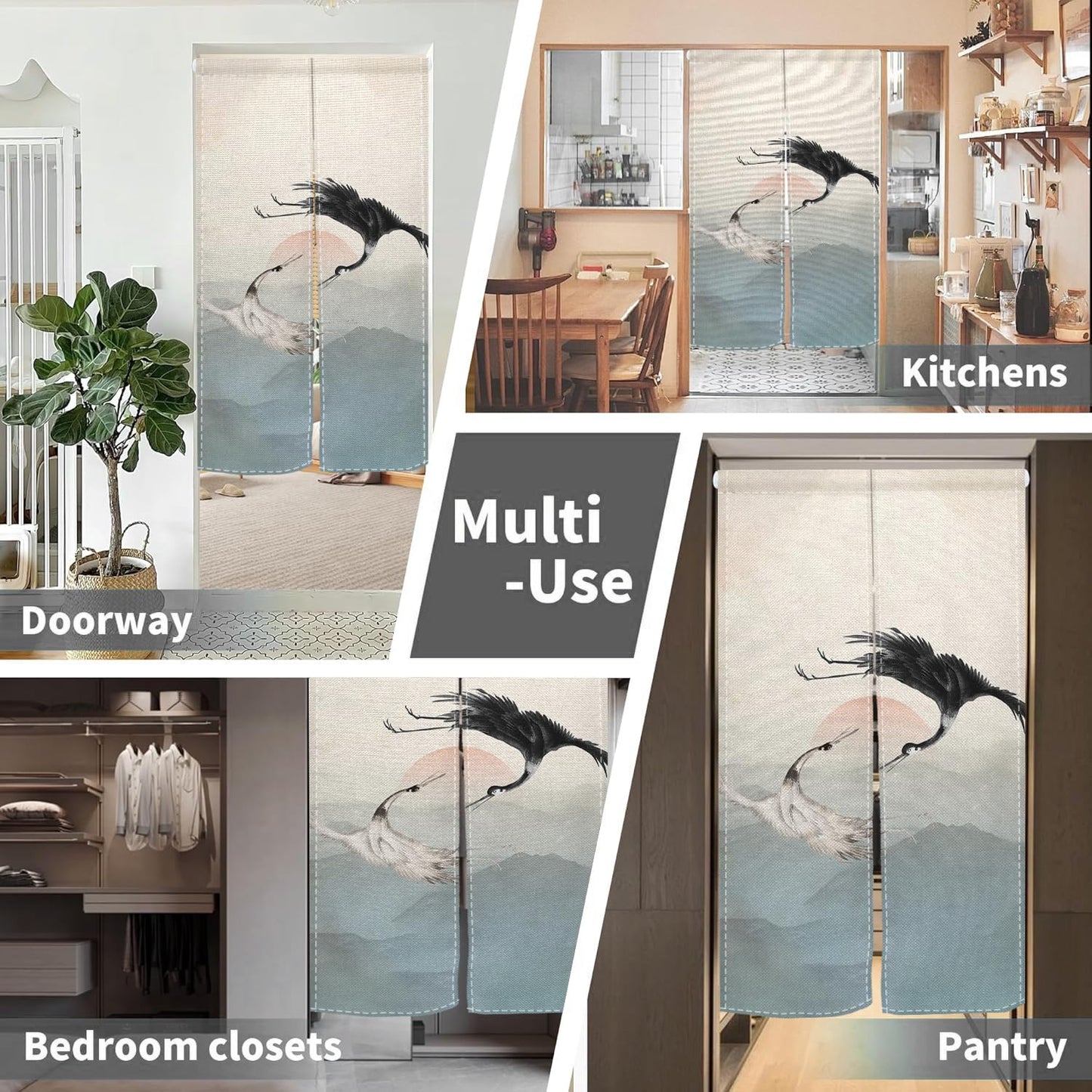 Leowefowa Long Noren Japanese Doorway Curtain Traditional Painted Mount Door Curtains Tapestry Treatment Long Doorway for Hanging Room Privacy Partition Kitchen Home Decor(Sun, Cranes), 33.5"x 70.9"