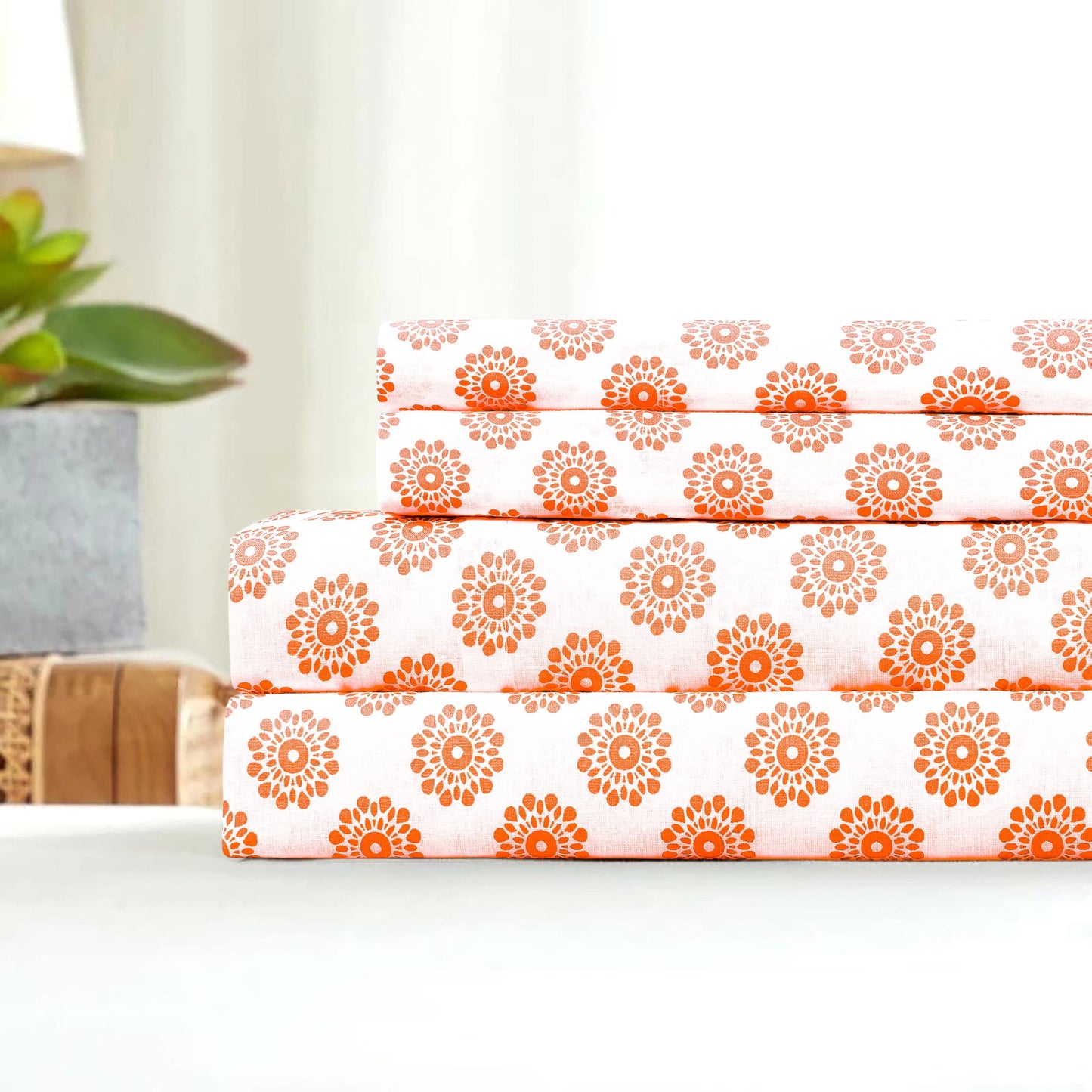 Sleepdown 100% Cotton King Size Bed Sheets - Soft 4 Pcs Percale Sheet Set, Comfy Durable & Breathable, 16" Deep Pocket (Mandalas Coral)