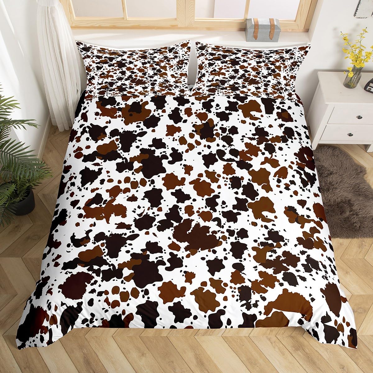 Homewish Cow Print Duvet Cover Set King Size Brown and White Cow Fur Bedding Set 3pcs for Kids Boys Teens Room Decor, Farm Animal Print Comforter Cover Cowhide Bedspread with 2 Pillowcases