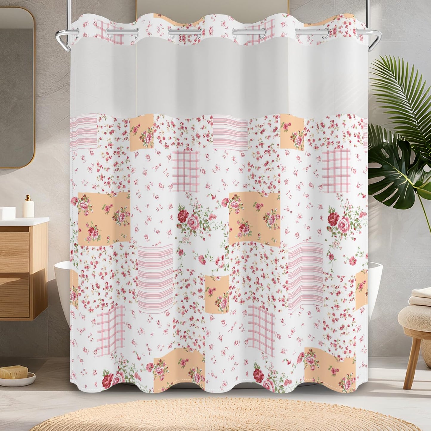 No Hook Shower Curtain with Snap in Fabric Liner Set, Waterproof & Washable, Patchwork Pink Rose Floral Shower Curtains for Bathroom, Farmhouse Rustic Flower Bathroom Curtain, House Gift, 71x74 inch