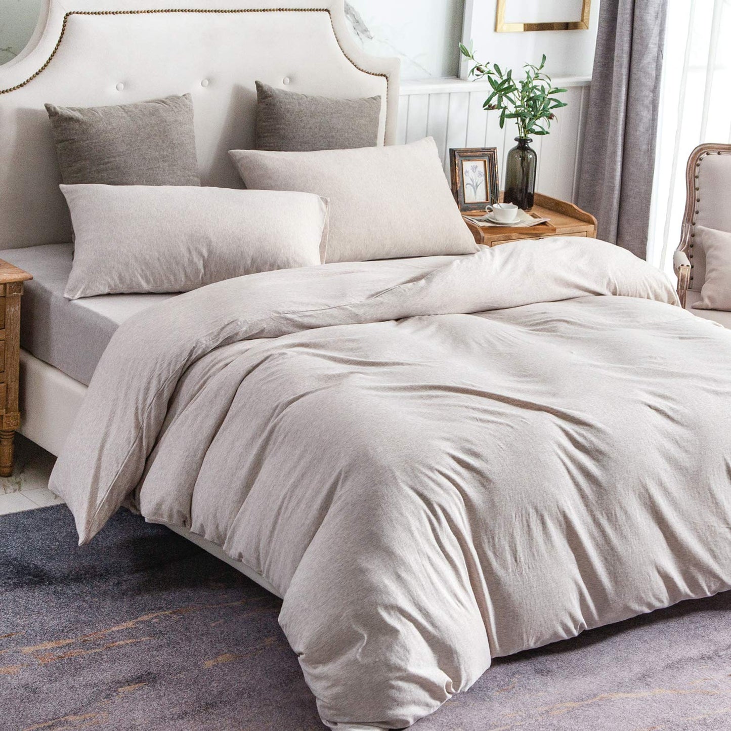 PURE ERA Jersey Knit Duvet Cover Set 100% T-Shirt Cotton Super Soft Comfy 2pc Bedding Set with Zipper Closure (Heather Beige, Twin)