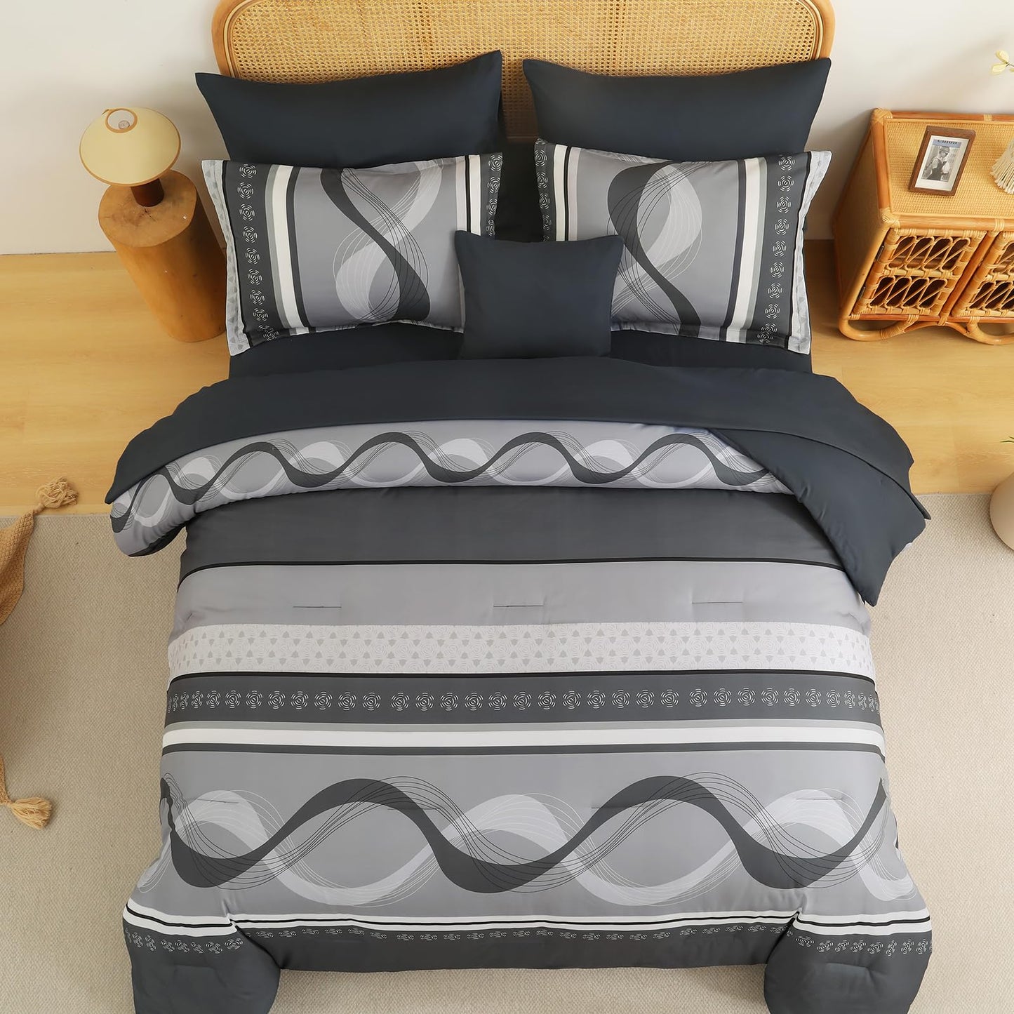 Anibedding Grey Comforter Set Queen Size,8 Pieces Bed in a Bag Patchwork Striped Bedding Sets,Boho Soft Microfiber Bedding Set for All Season(90"×90")
