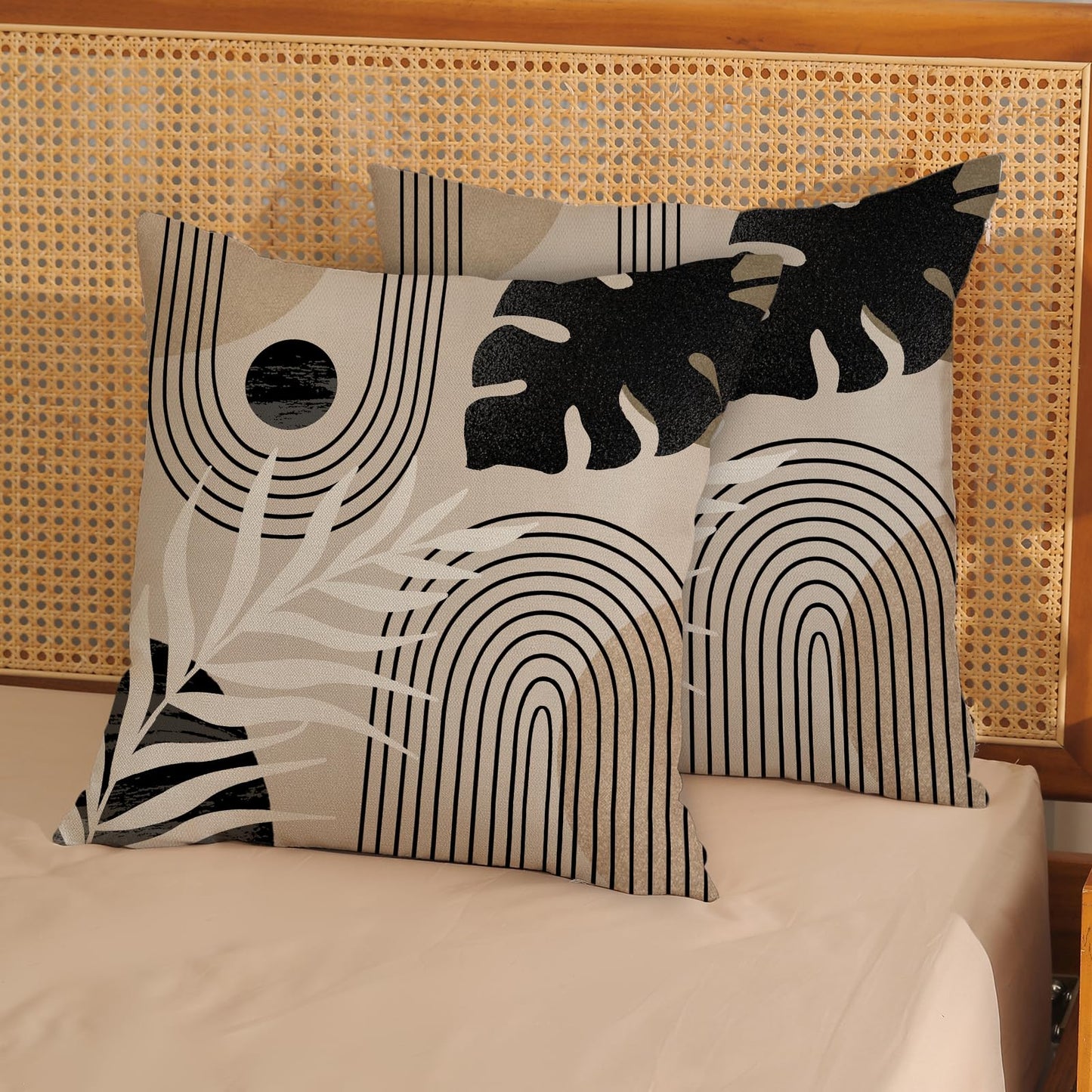 DAFENA Black Boho Pillow Covers 18x18 Inch 2 Pcs Beige Brown Tropical Leaf Mid Century Summer Outdoor Decor Throw Pillows Modern Geometry Farmhouse Decoration Pillowcase Linen Cushion Cover for Couch